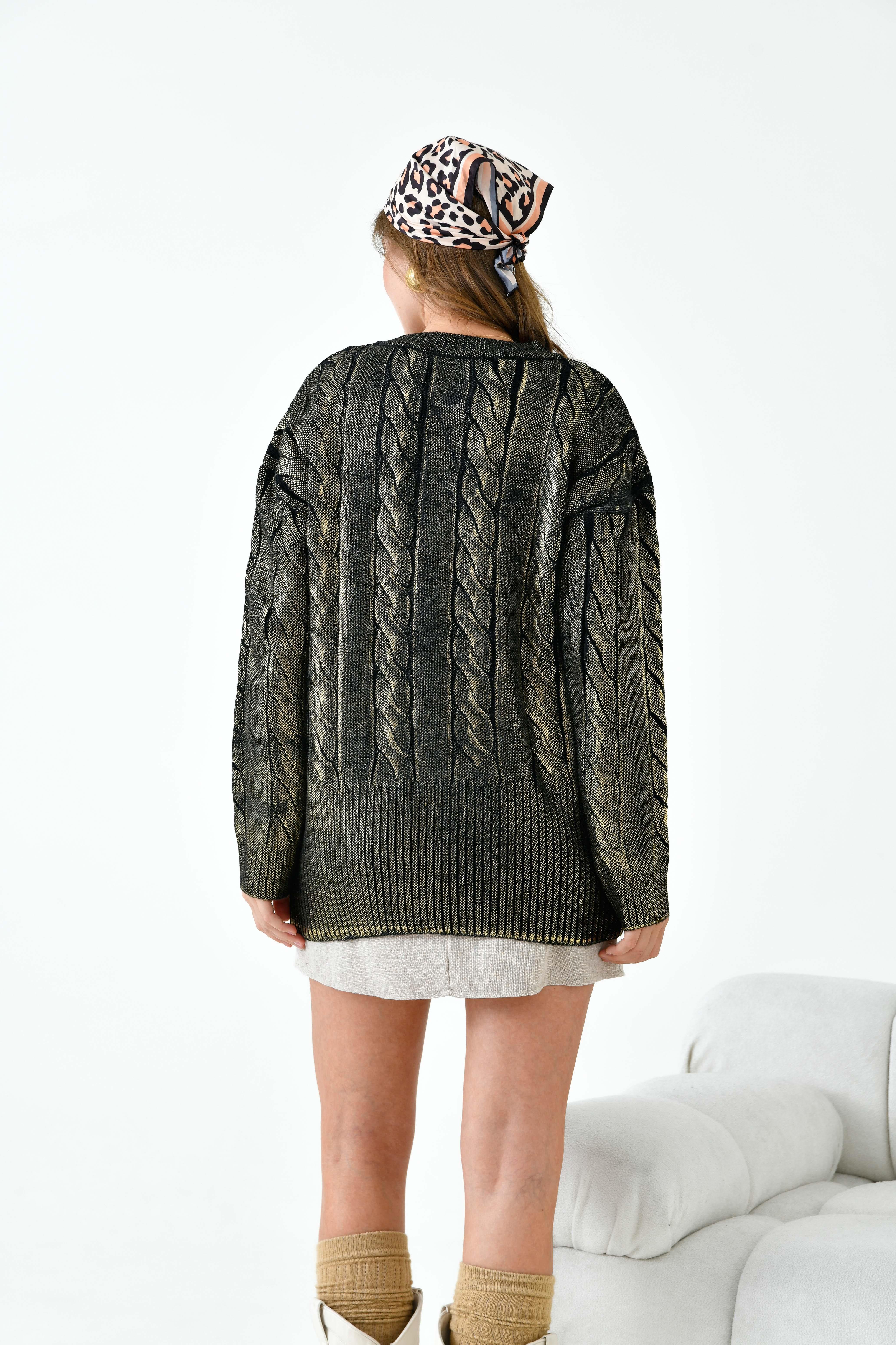 Ftz Kadın Varak Baskı Detaylı Kazak Siyah 20924