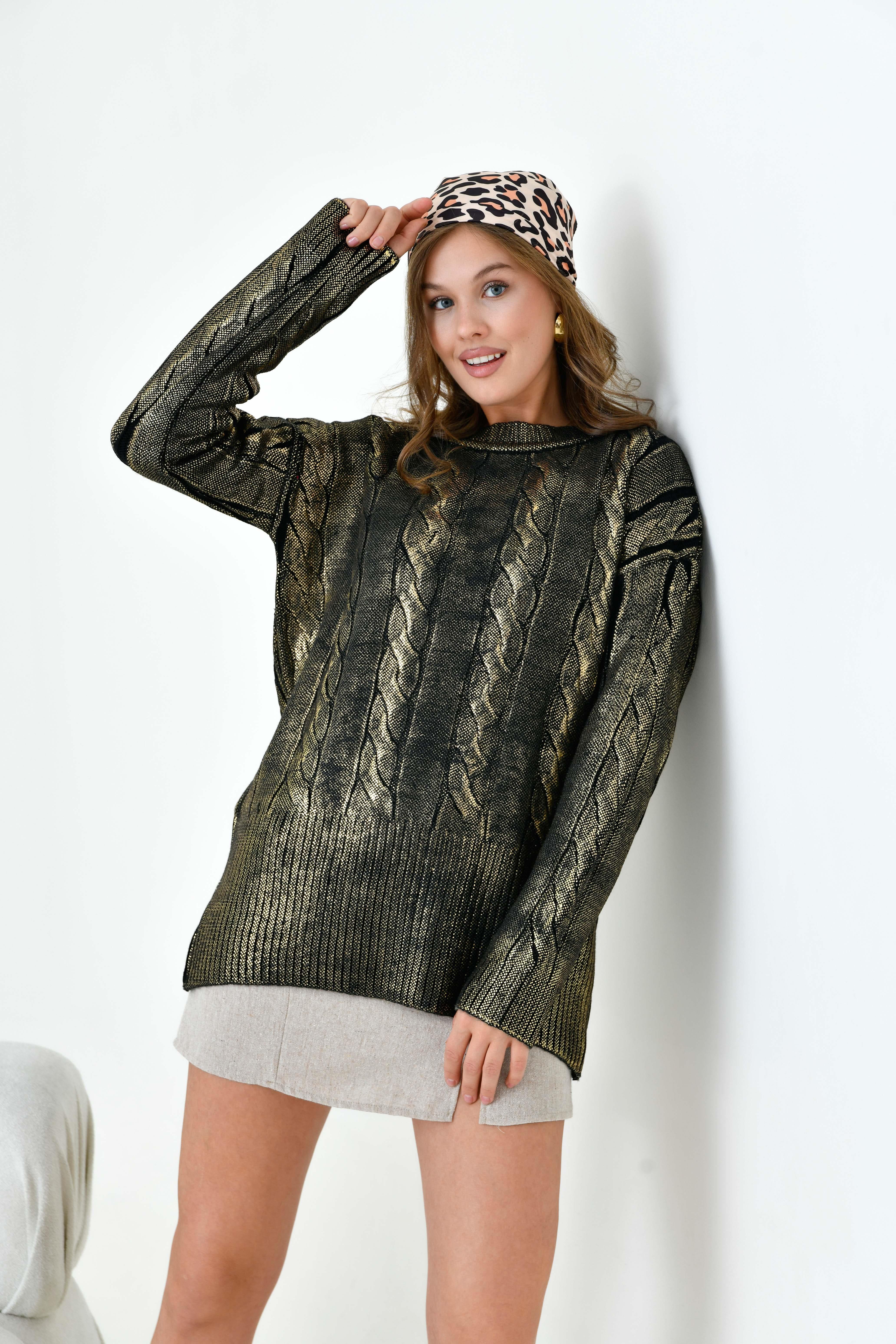 Ftz Kadın Varak Baskı Detaylı Kazak Siyah 20924