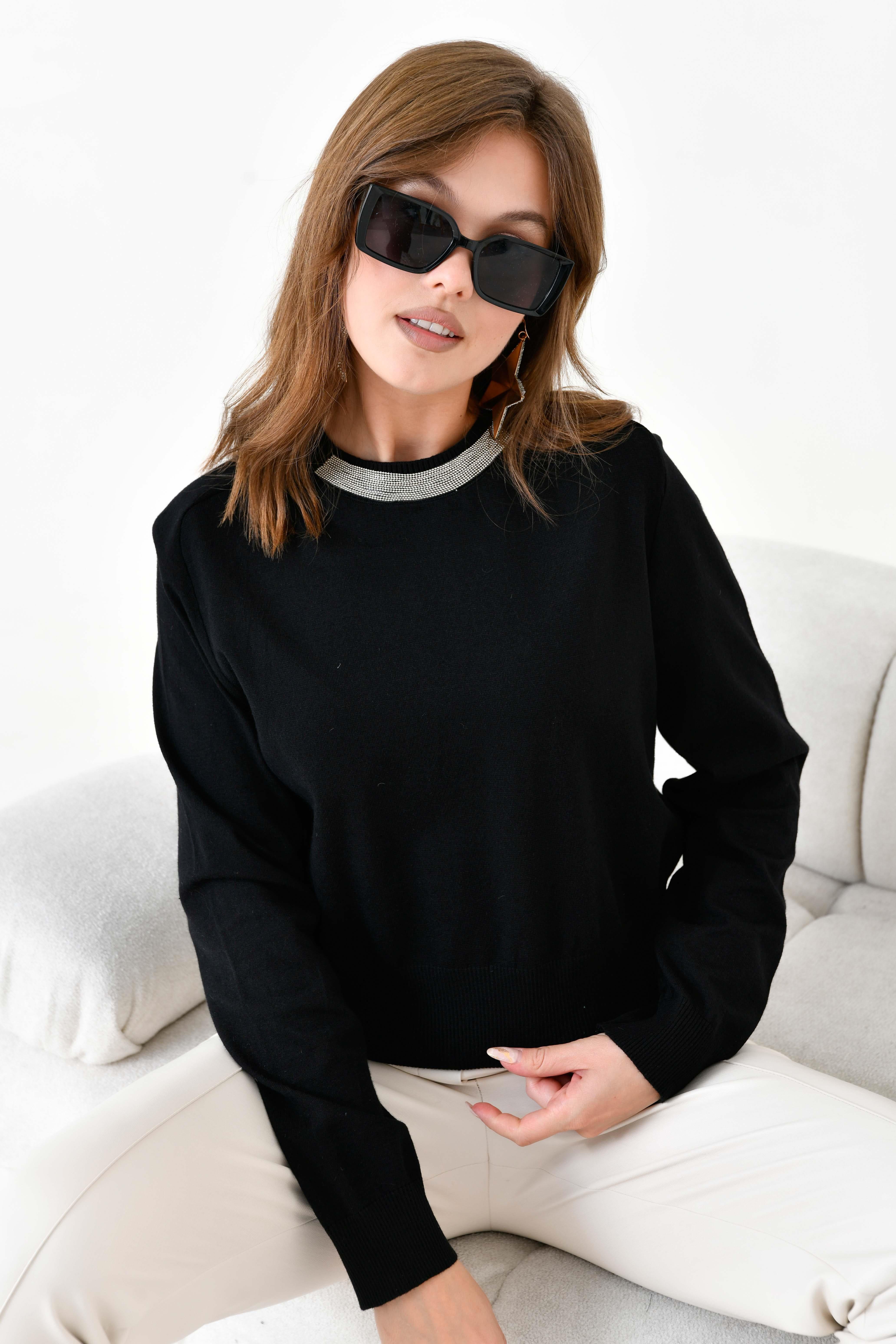 Ftz Kadın Zincir Detaylı Kazak Siyah 20823