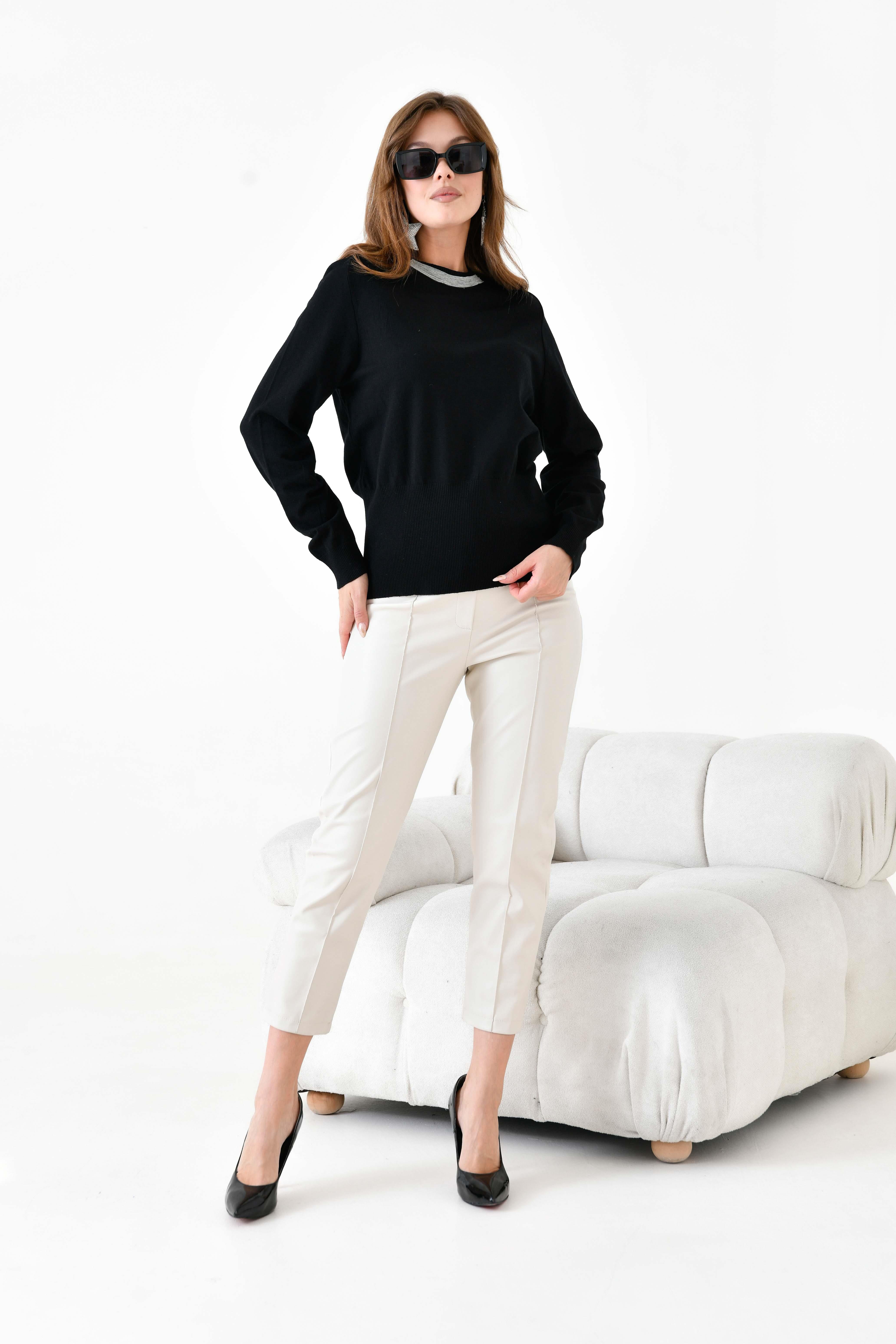 Ftz Kadın Zincir Detaylı Kazak Siyah 20823