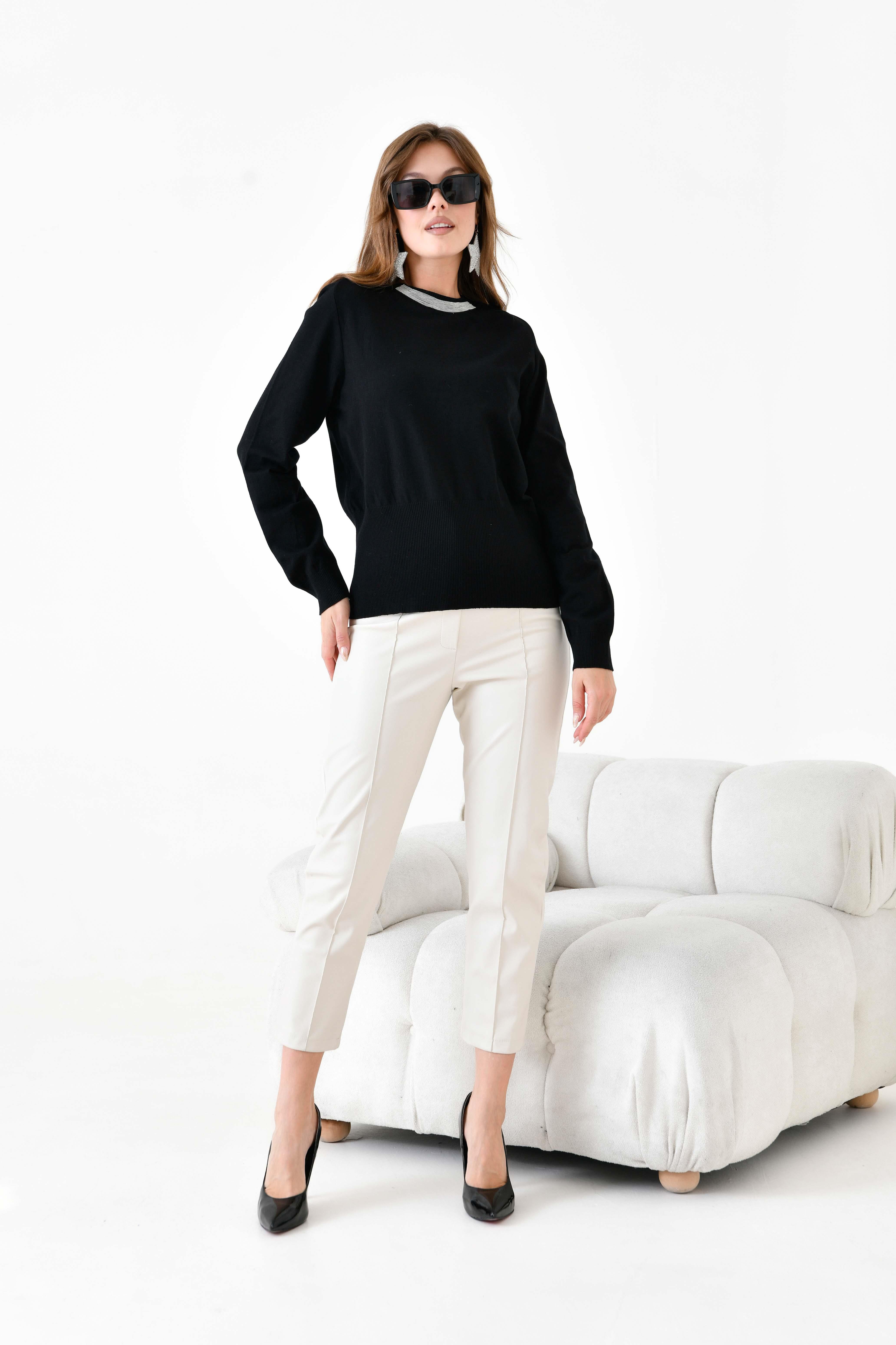 Ftz Kadın Zincir Detaylı Kazak Siyah 20823