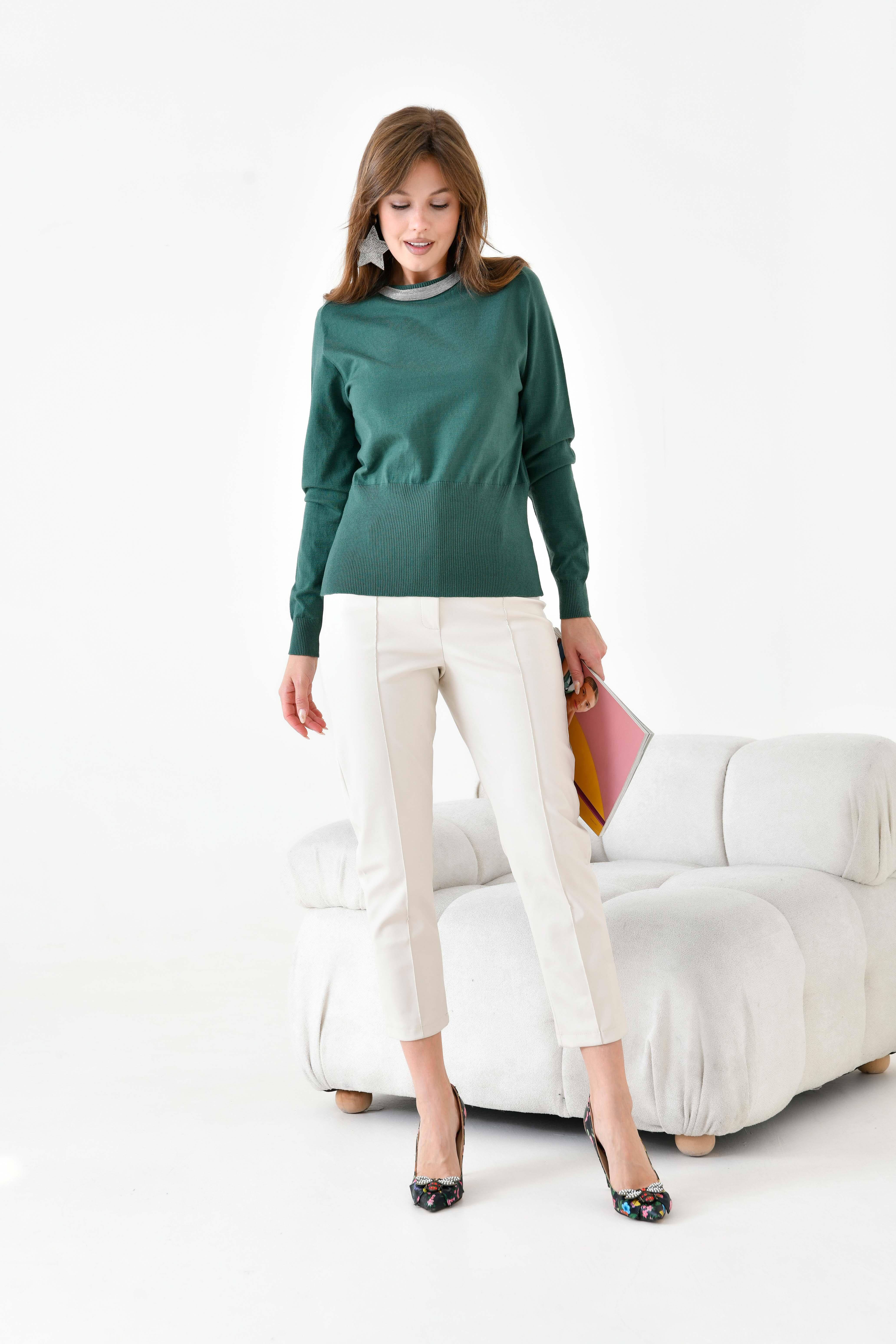 Ftz Kadın Zincir Detaylı Kazak Zümrüt 20823