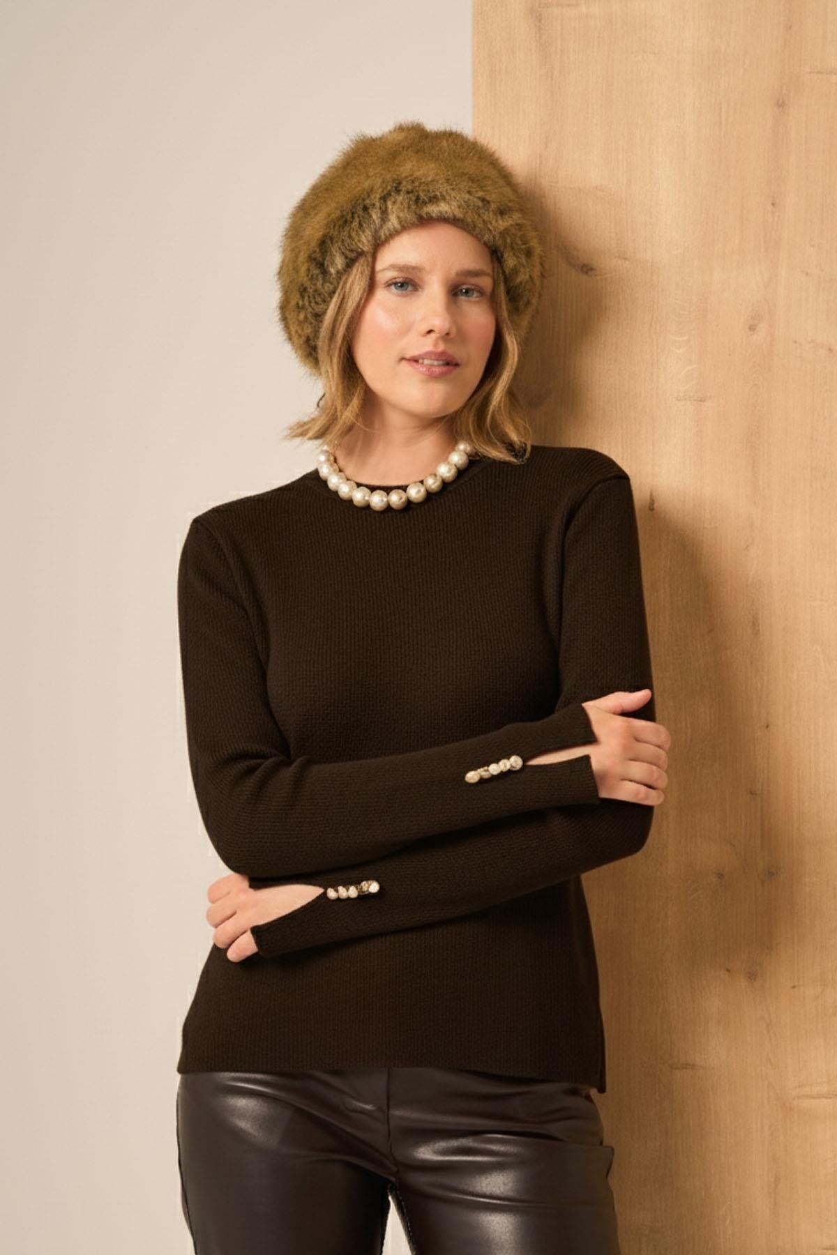 FTZ Women Düğme Detaylı Kazak  Acı Kahve 25203