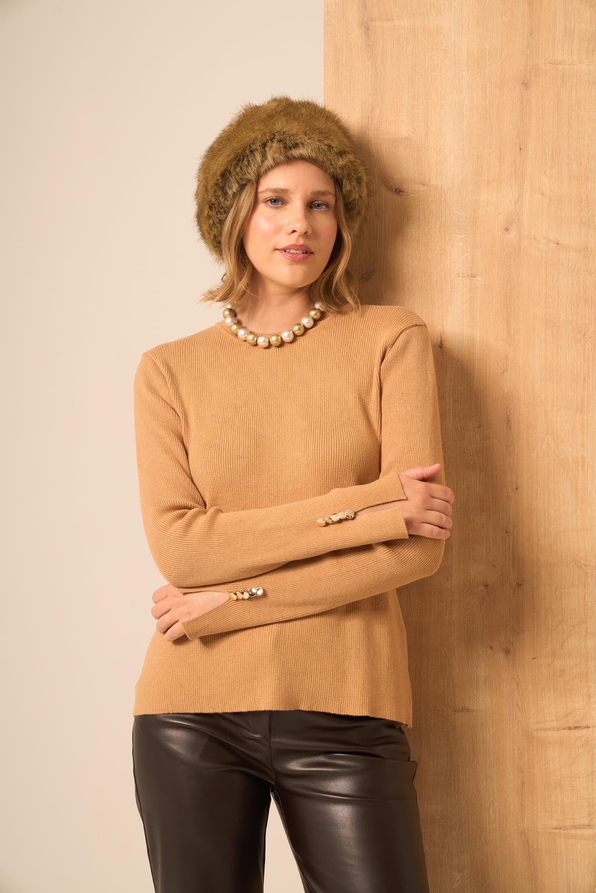 FTZ Women Düğme Detaylı Kazak  Bisküvi 25203