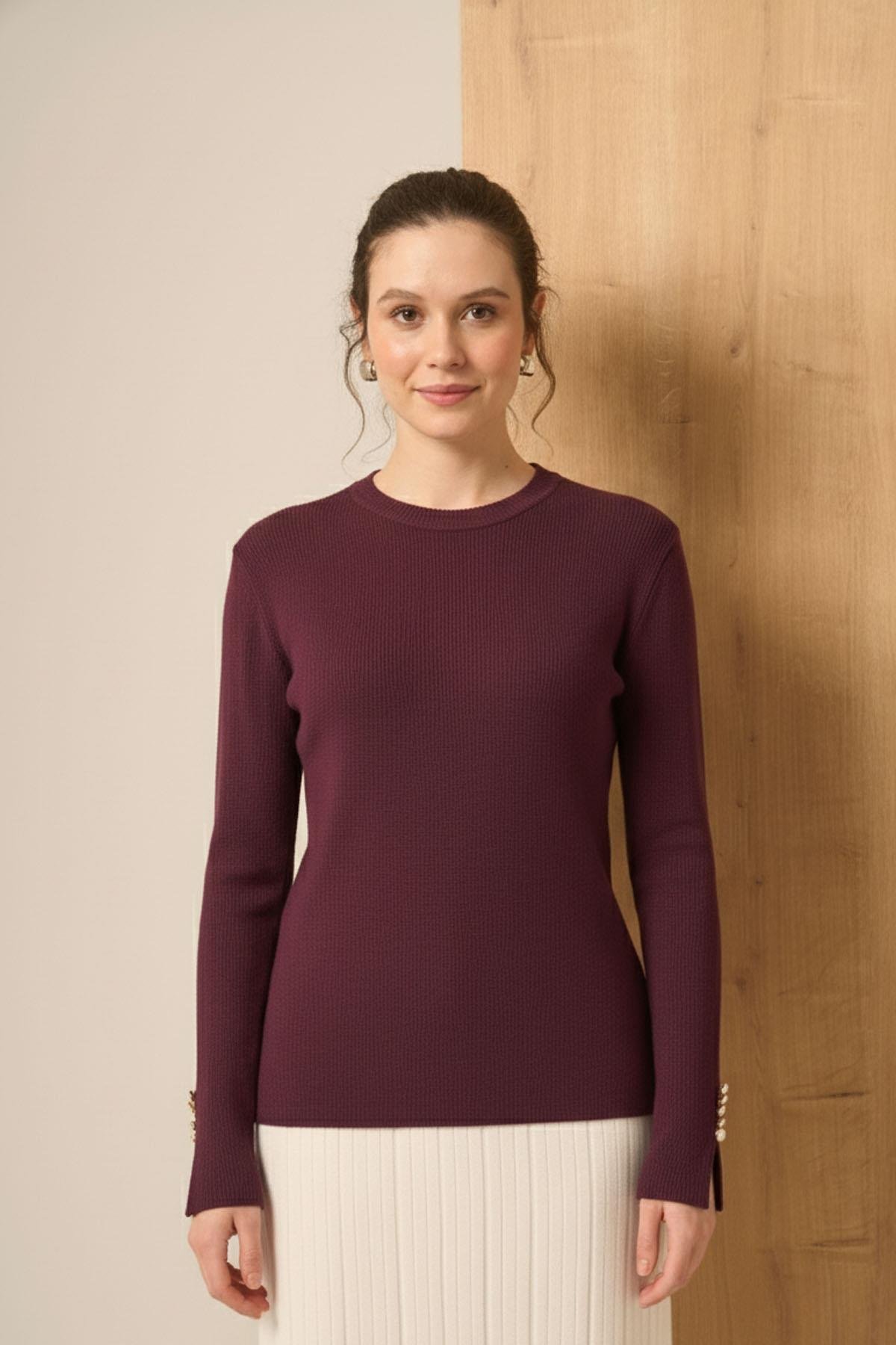 FTZ Women Düğme Detaylı Kazak  Mürdüm 25203