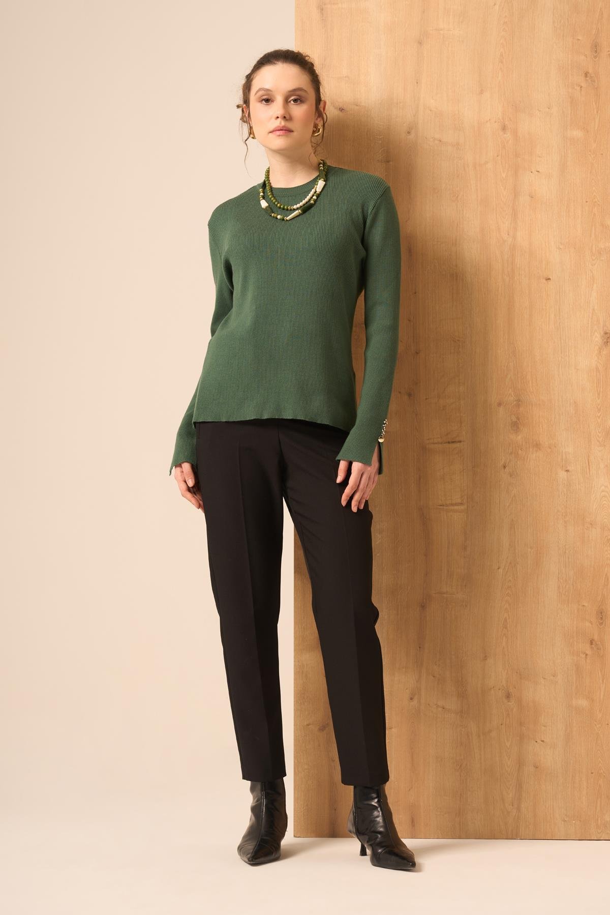 FTZ Women Düğme Detaylı Kazak  Zümrüt Yeşil 25203