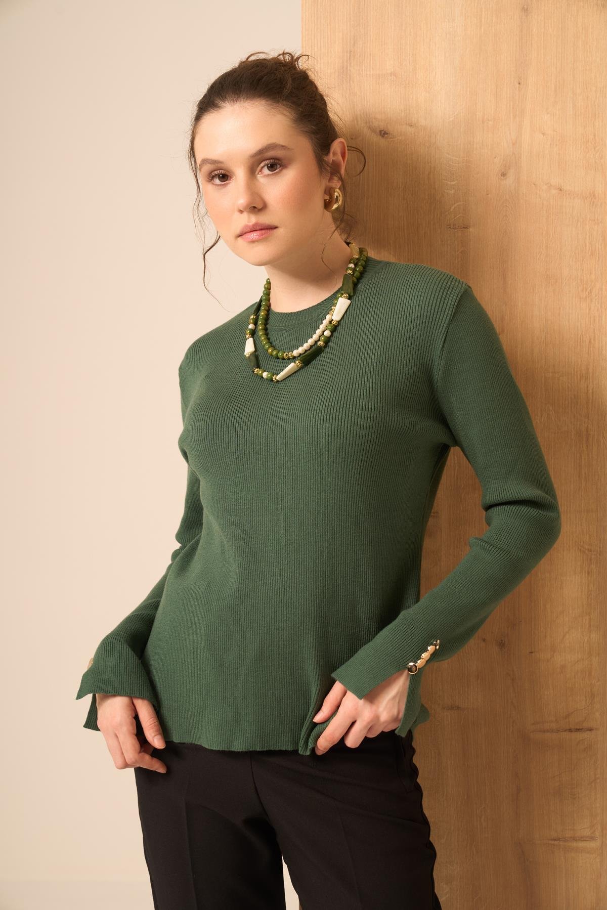 FTZ Women Düğme Detaylı Kazak  Zümrüt Yeşil 25203