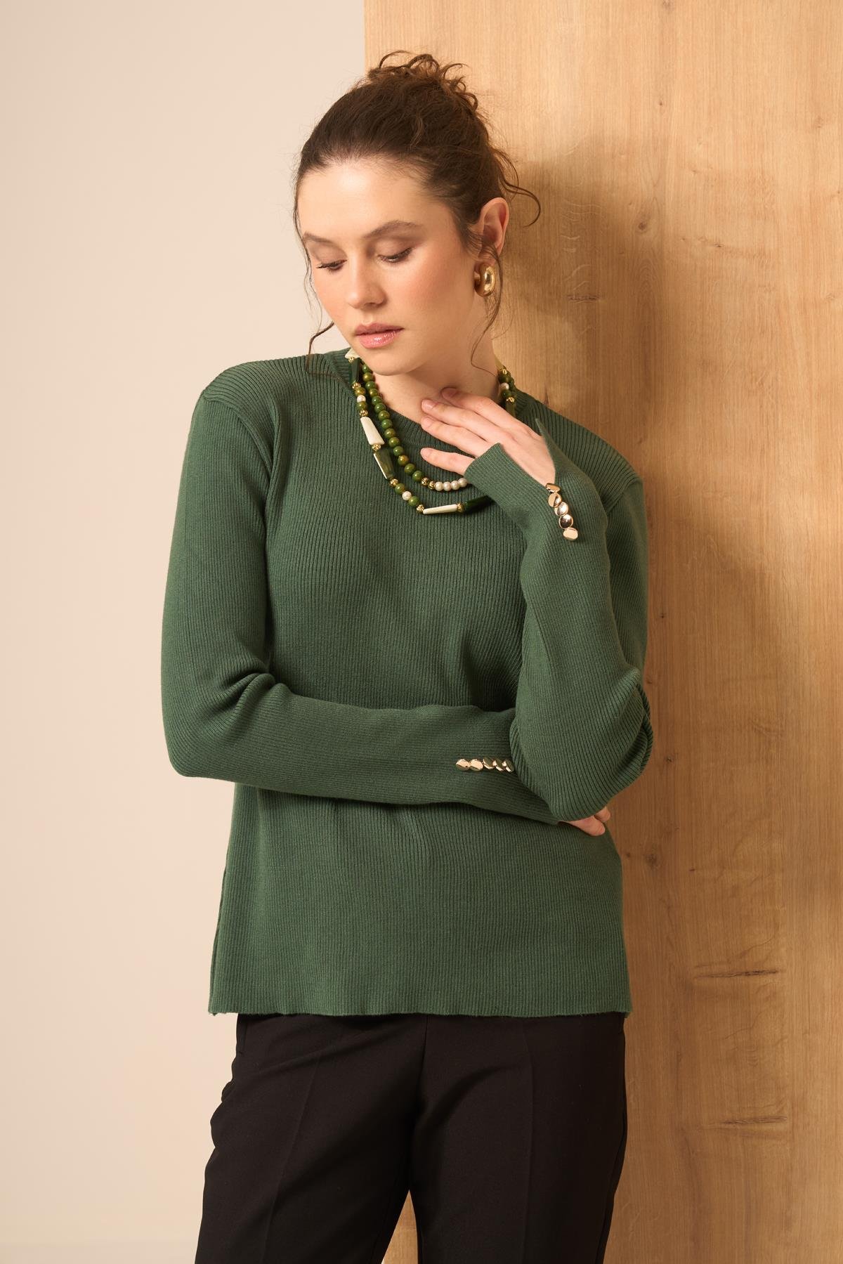 FTZ Women Düğme Detaylı Kazak  Zümrüt Yeşil 25203