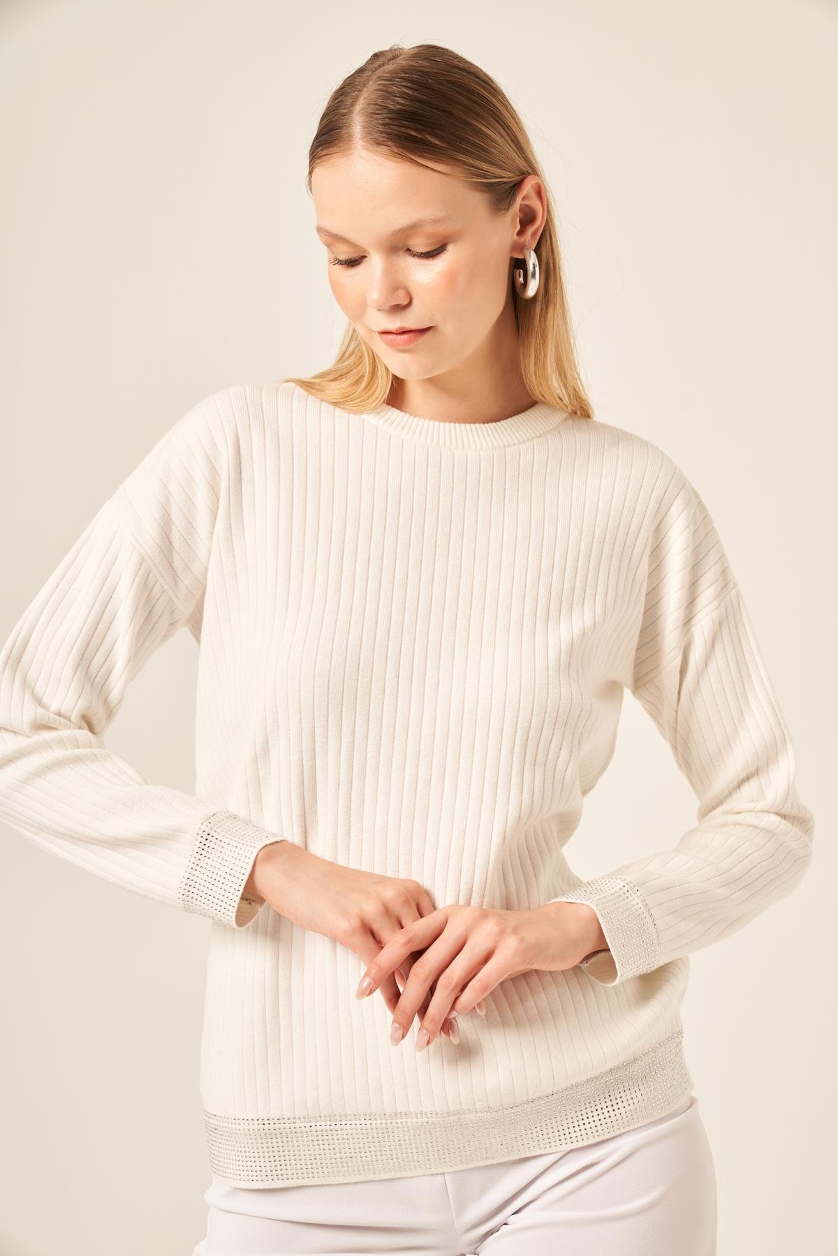 FTZ Women Ftz Kadın Taş Detaylı Bluz  Ekru 20845