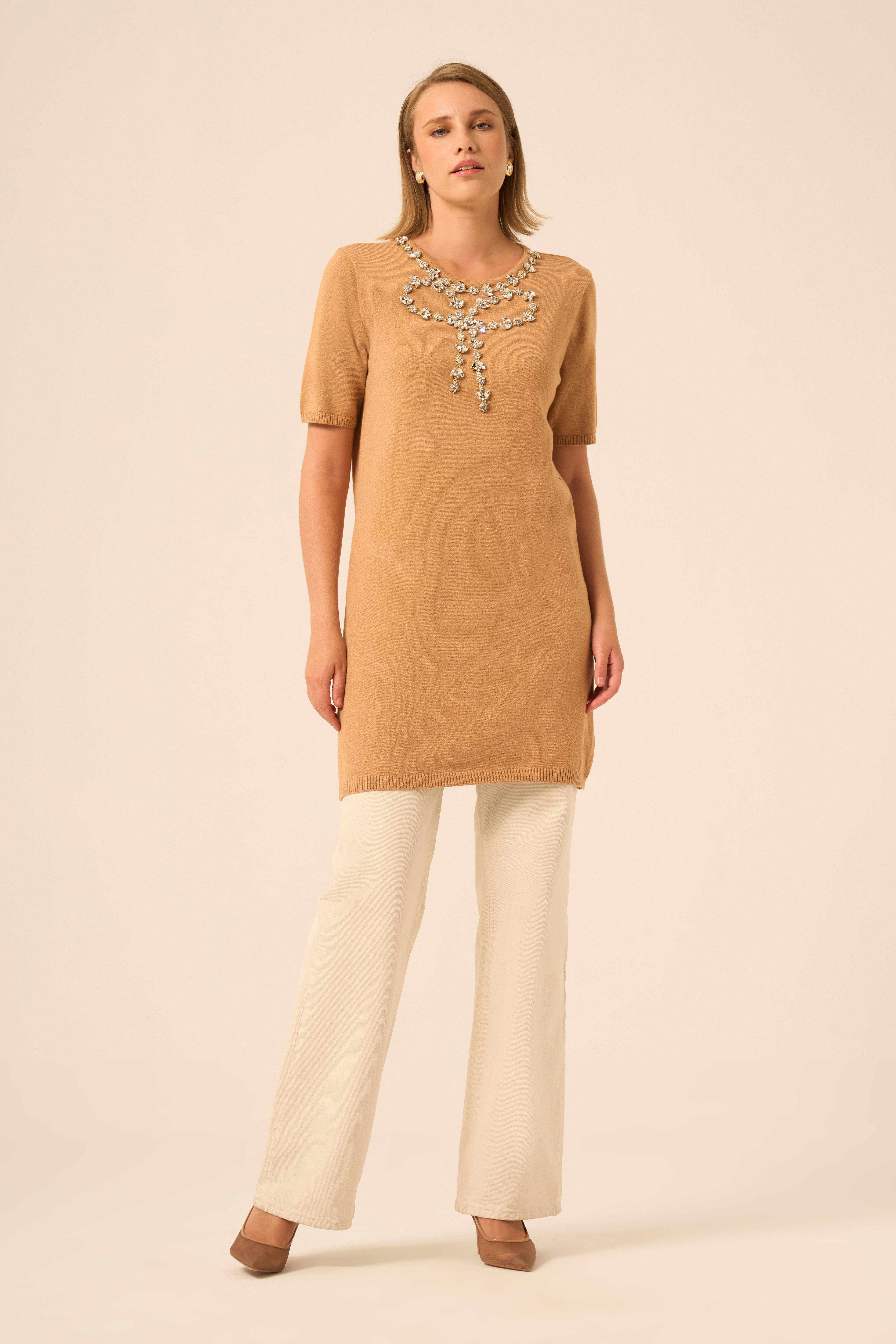 FTZ Women Ftz Kadın Taş Detaylı Tunik  Bisküvi 20839