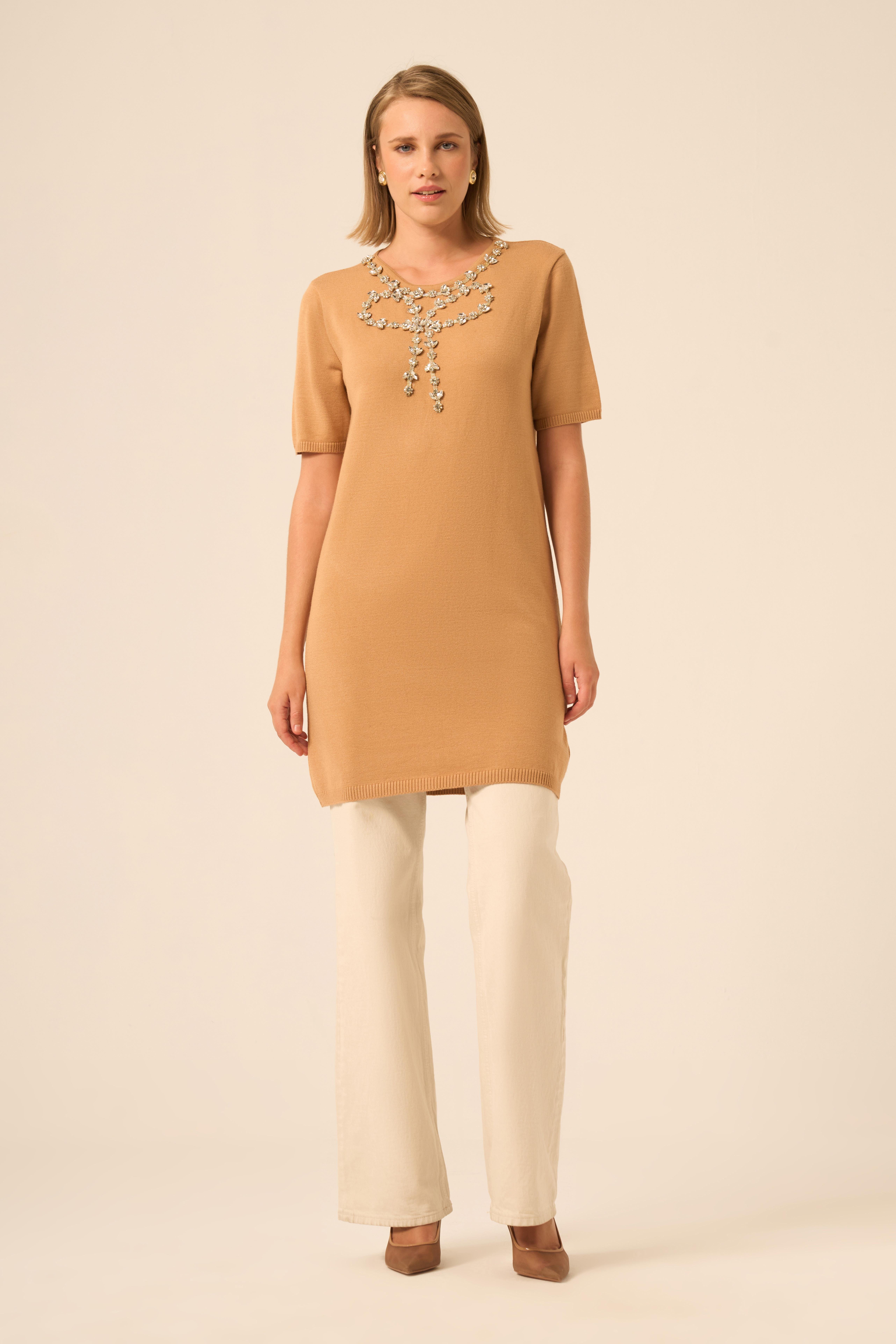 FTZ Women Ftz Kadın Taş Detaylı Tunik  Bisküvi 20839