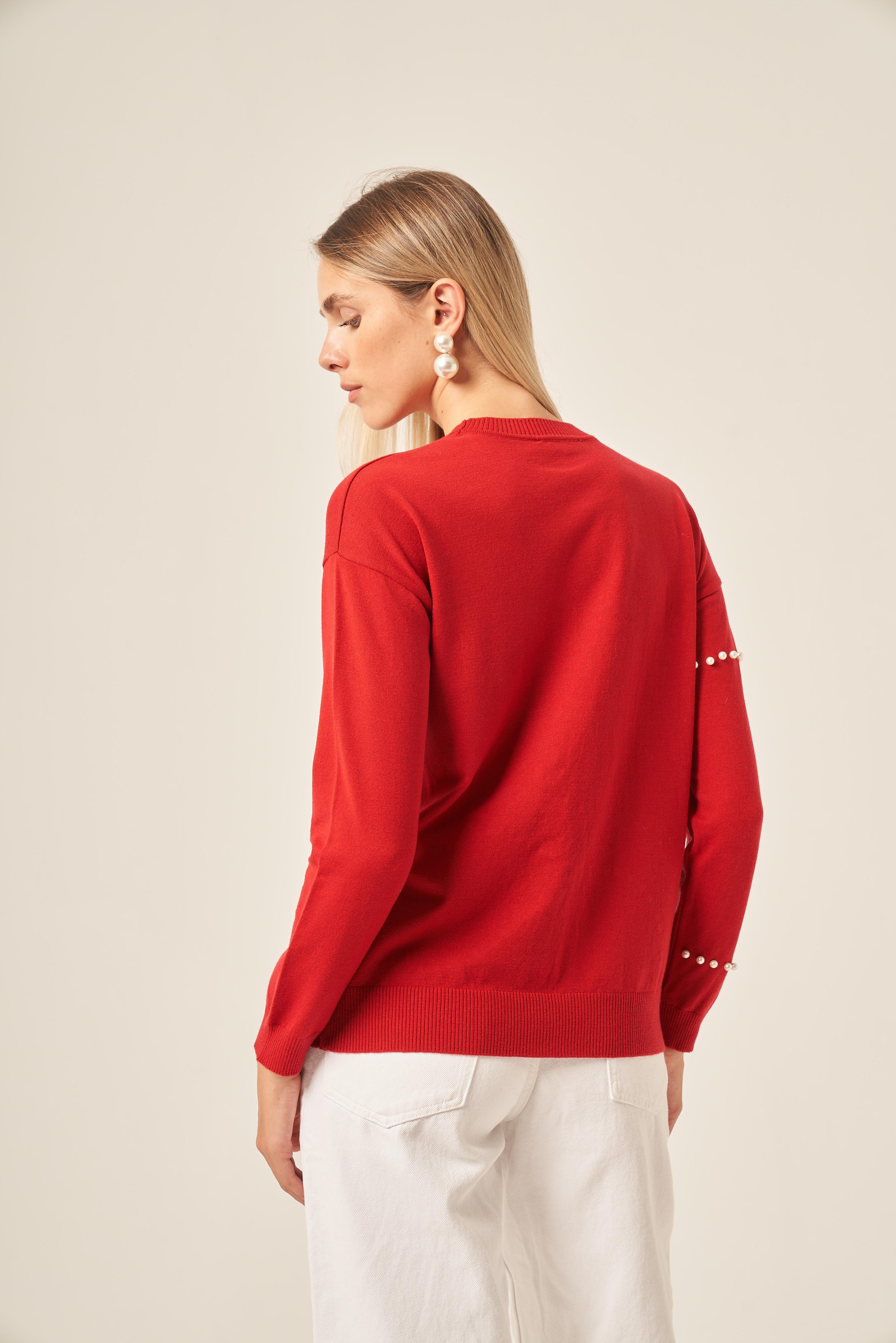 FTZ Women İnci Detaylı Kazak  Kırmızı 25103