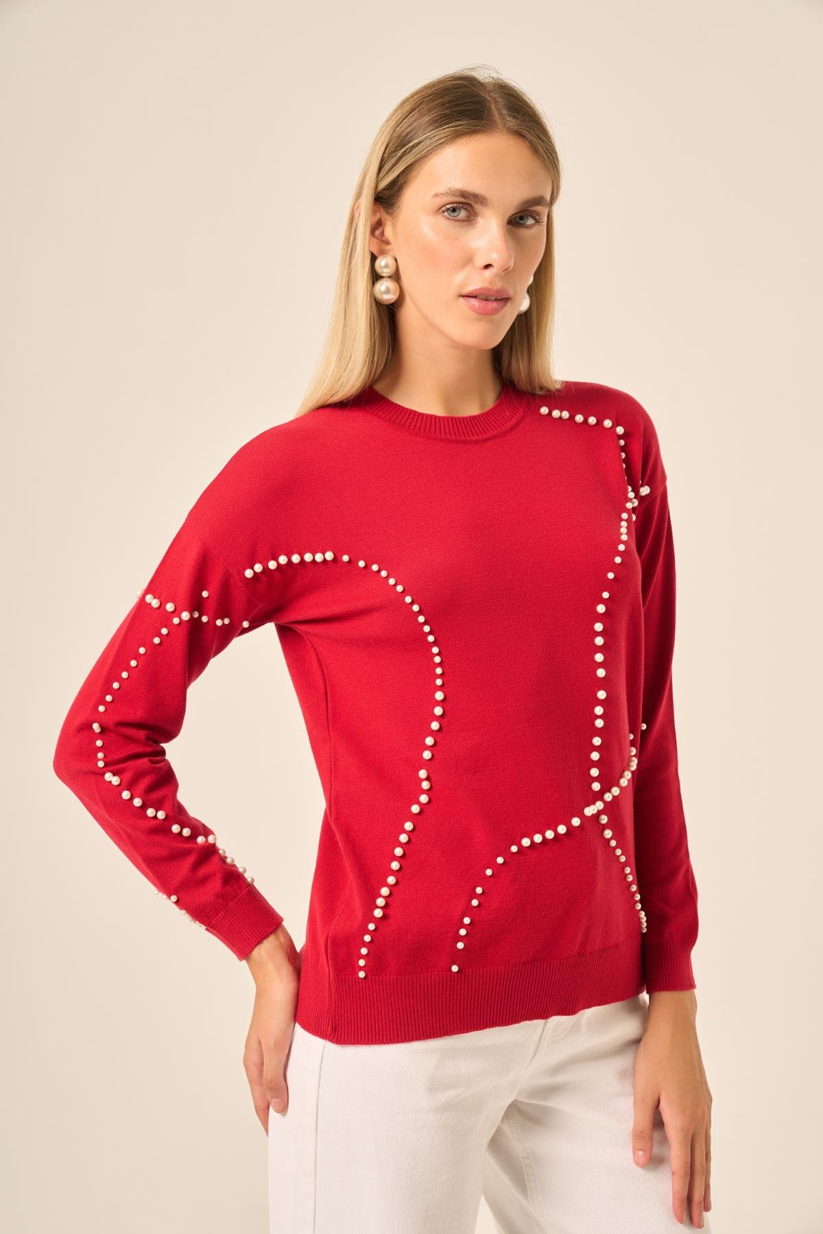 FTZ Women İnci Detaylı Kazak  Kırmızı 25103