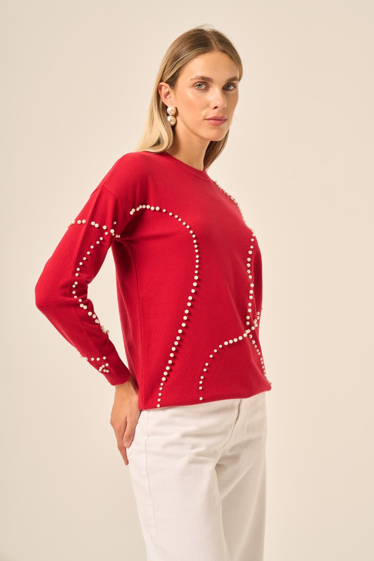 FTZ Women İnci Detaylı Kazak  Kırmızı 25103