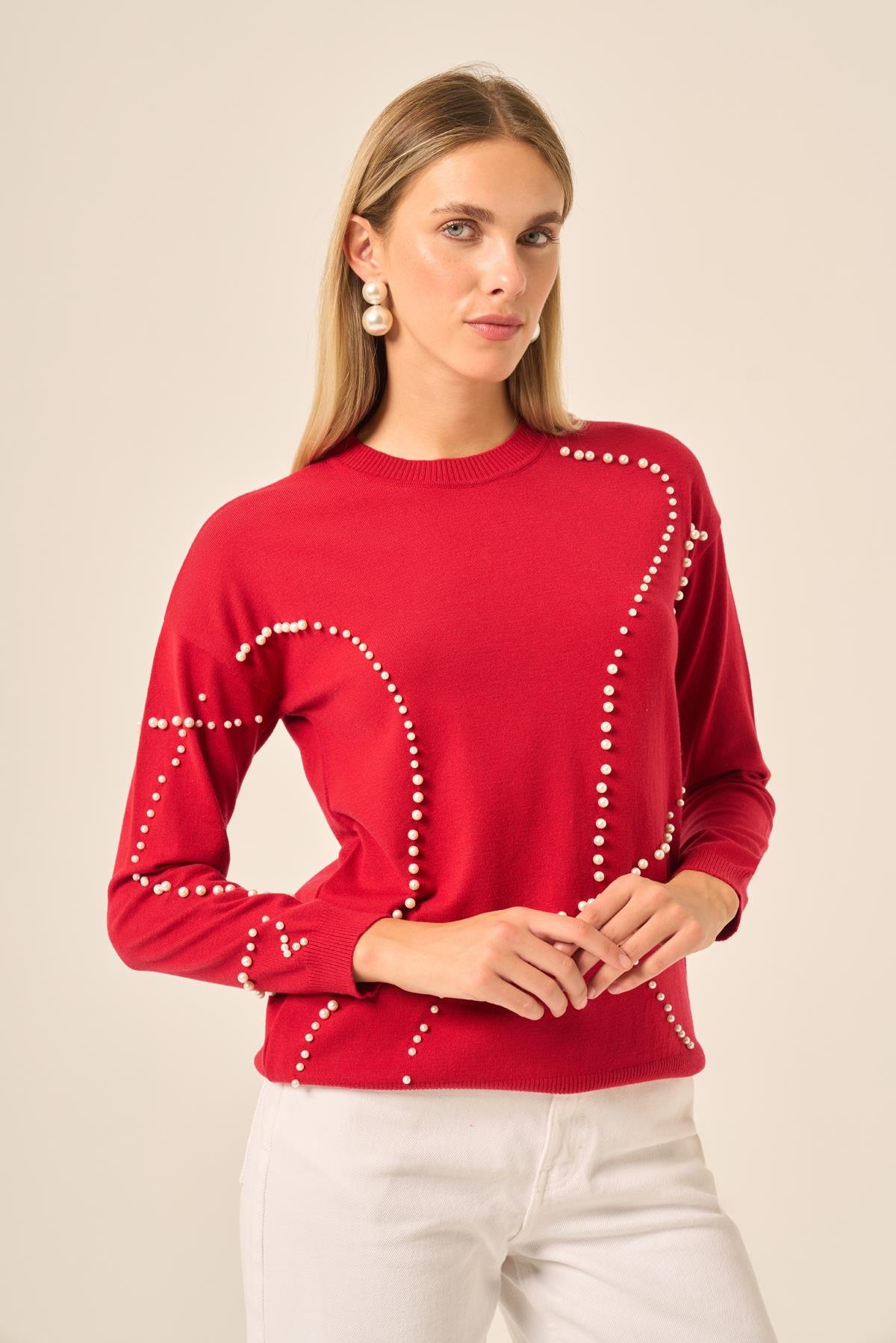 FTZ Women İnci Detaylı Kazak  Kırmızı 25103