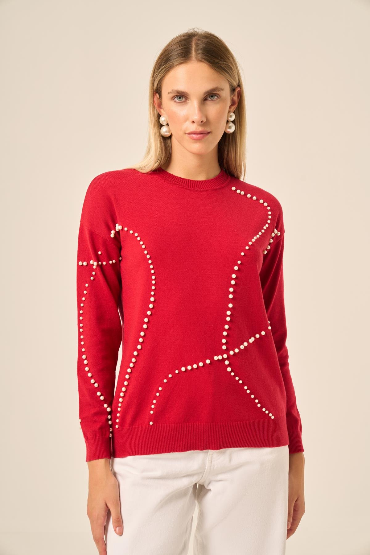 FTZ Women İnci Detaylı Kazak  Kırmızı 25103