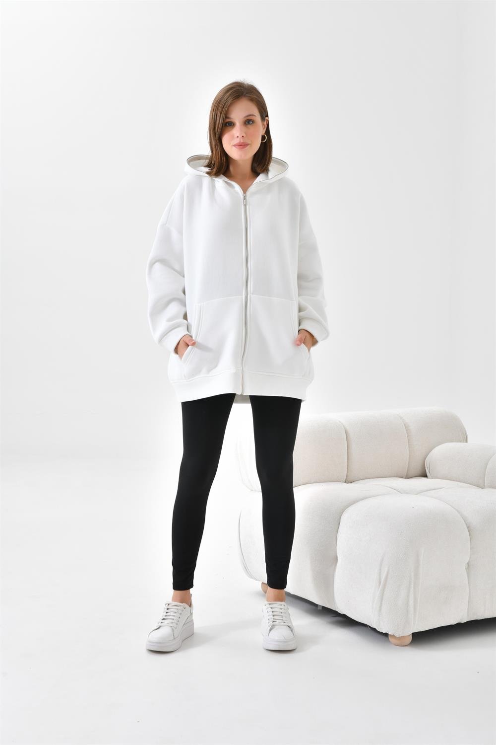 Ftz Women Kadın 3 İp Şardonlu Fermuarlı Sweatshırt Ekru