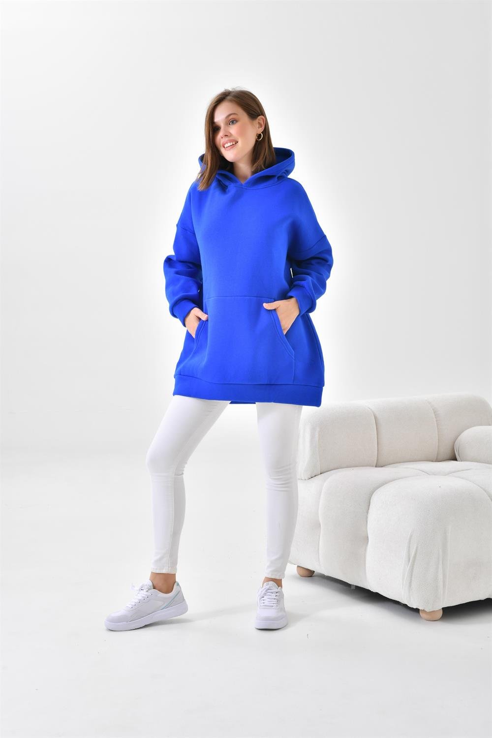 Ftz Women Kadın 3 İp Şardonlu Kapüşonlu Sweatshirt Saks Mavi