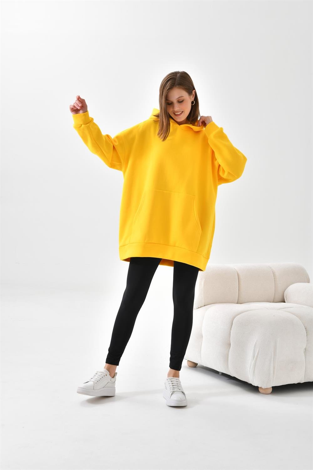 Ftz Women Kadın 3 İp Şardonlu Kapüşonlu Sweatshirt Sarı