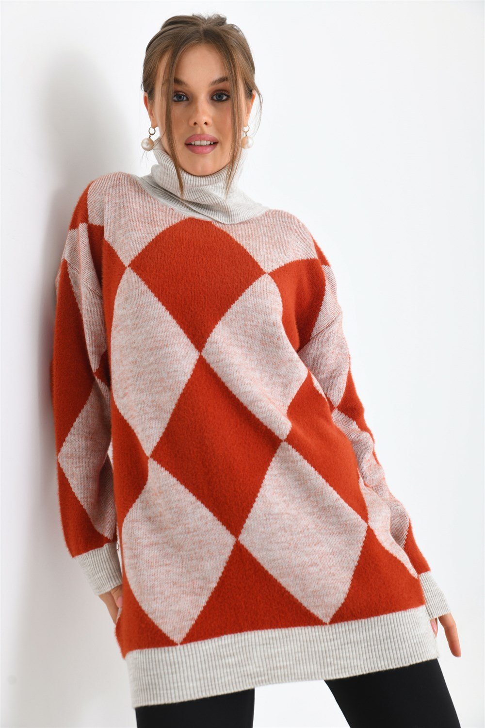 FTZ Women Kadın Baklava Desen Degaje Yaka Kazak TAŞ