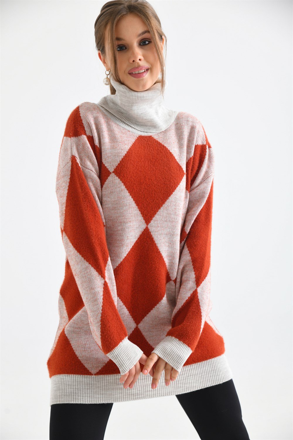 FTZ Women Kadın Baklava Desen Degaje Yaka Kazak TAŞ