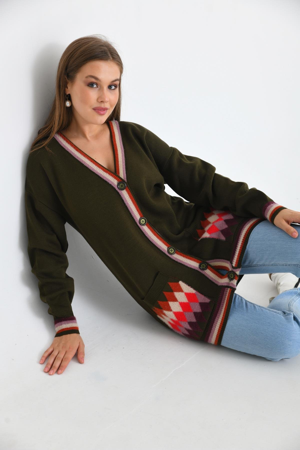 FTZ Women Kadın Baklava Desen Hırka  Haki 21-6299