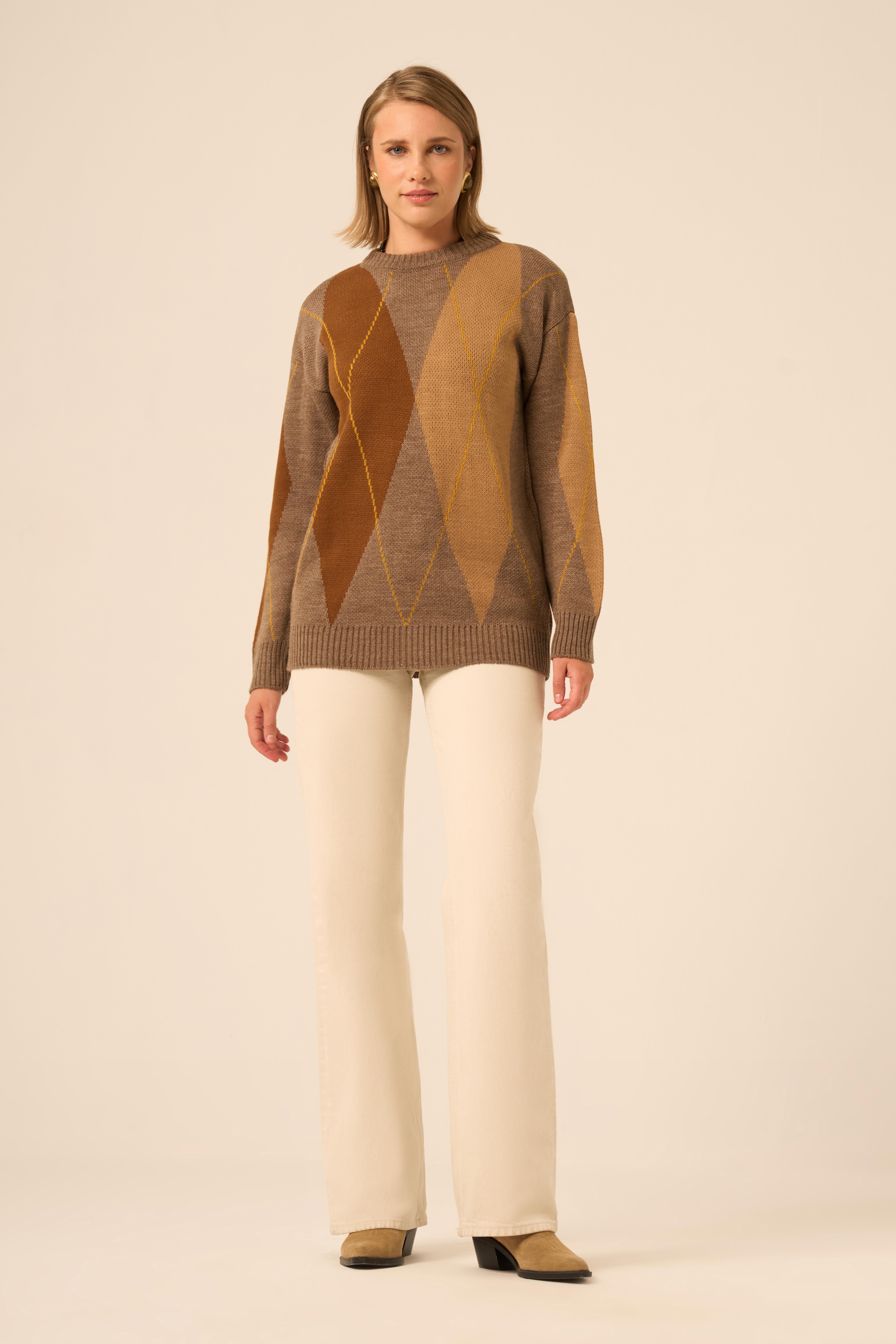 FTZ Women Kadın Baklava Desenli Kazak  Kahve 25094