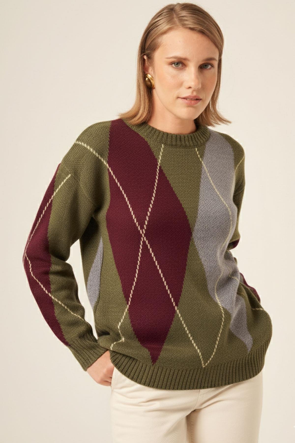 FTZ Women Kadın Baklava Desenli Kazak  Haki 25094