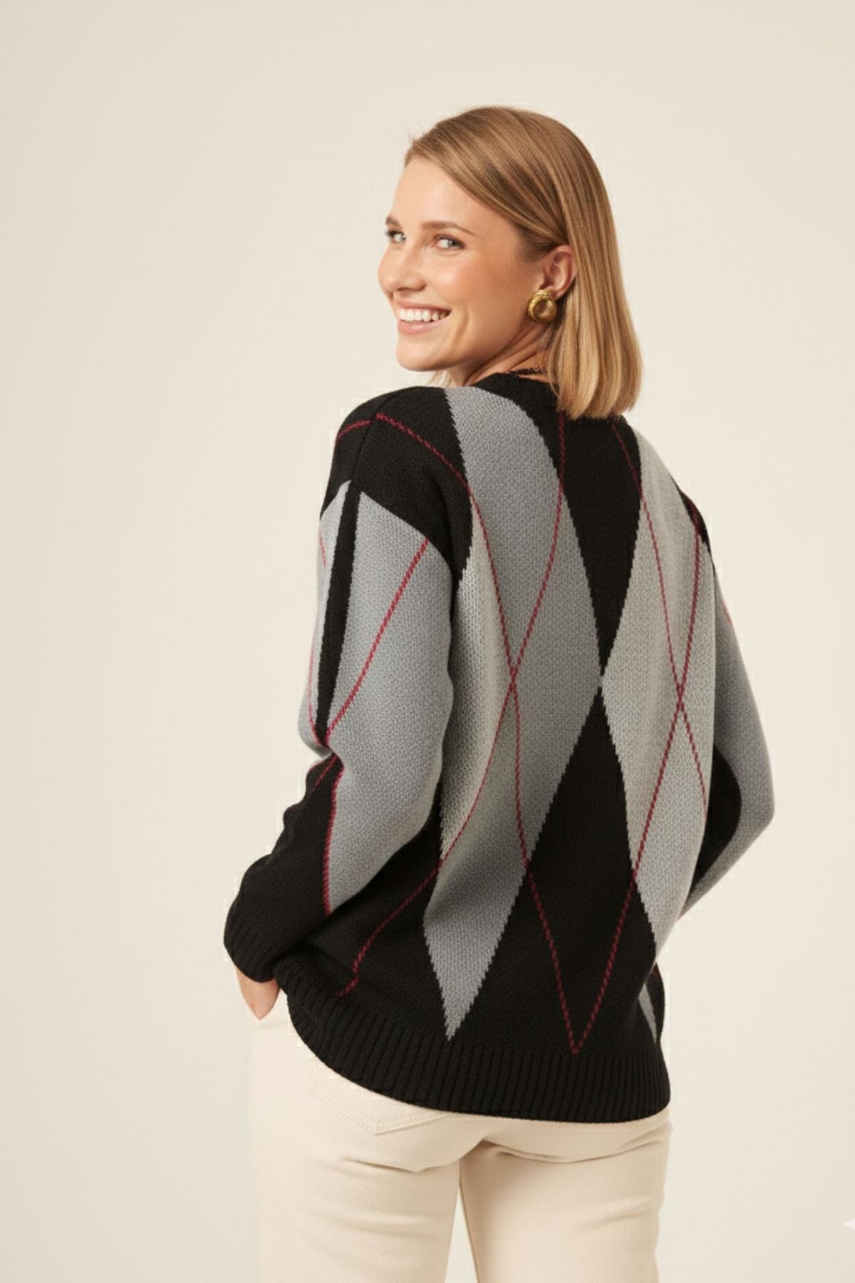 FTZ Women Kadın Baklava Desenli Kazak  Siyah 25094