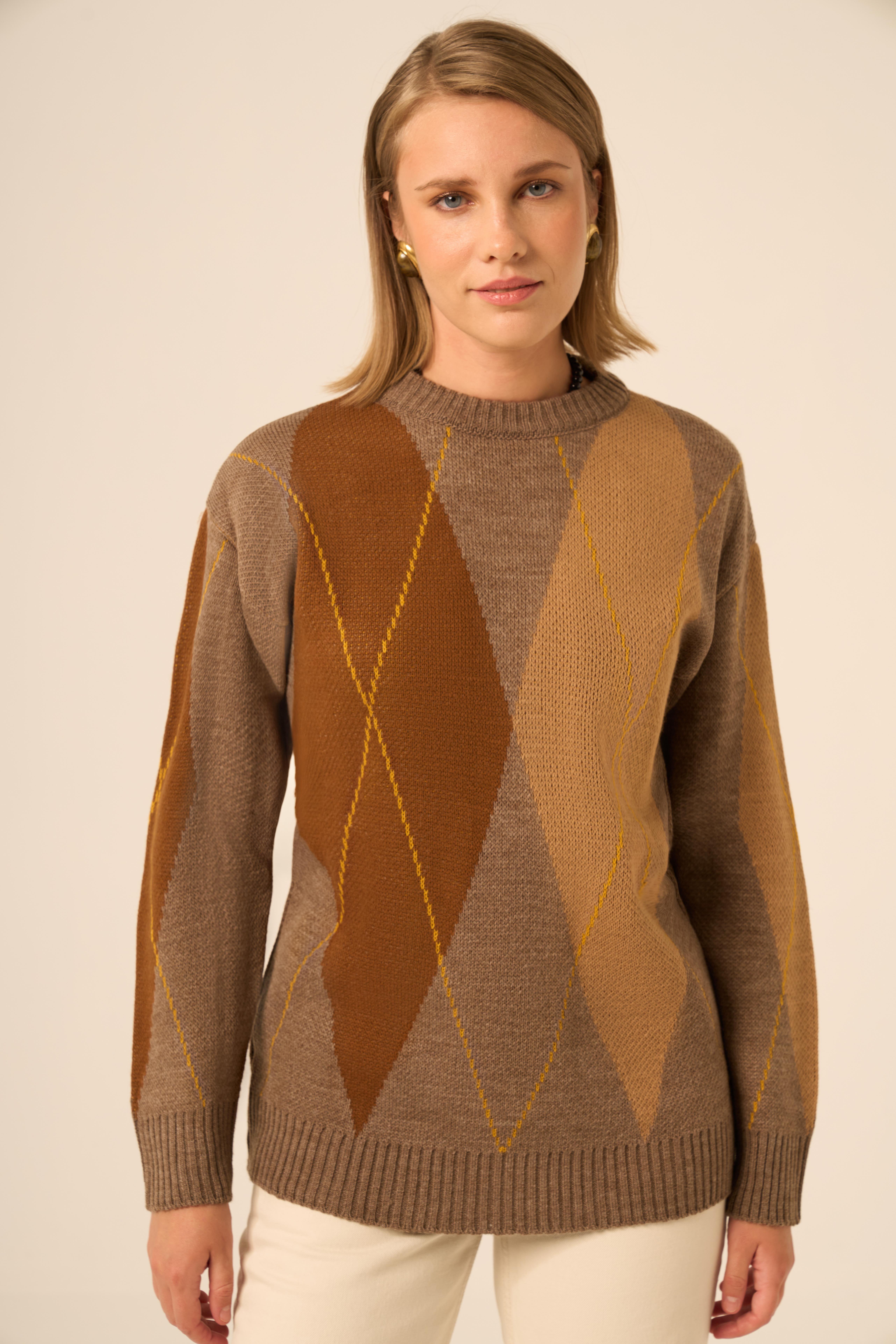 FTZ Women Kadın Baklava Desenli Kazak  Kahve 25094