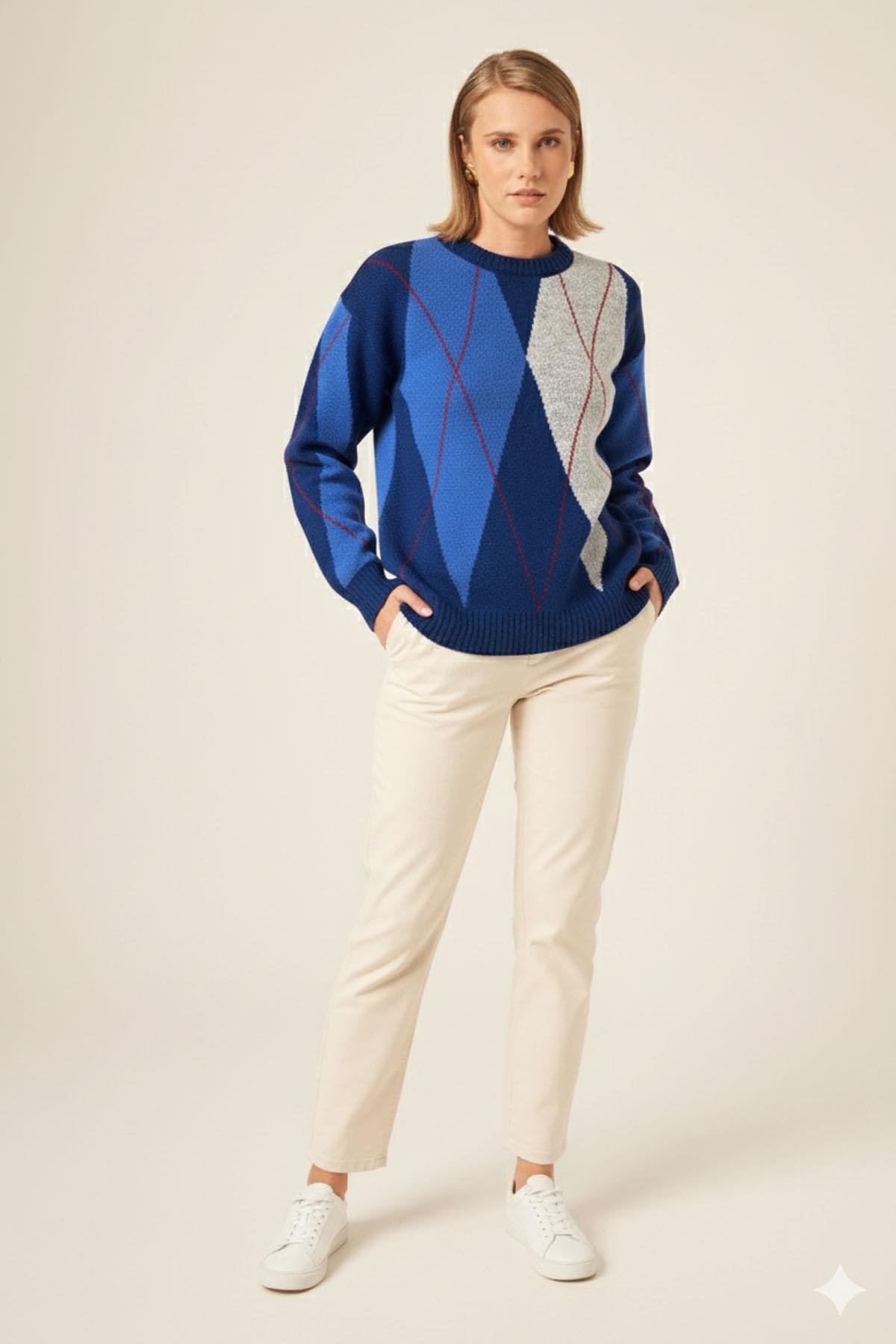 FTZ Women Kadın Baklava Desenli Kazak  Petrol Mavisi 25094