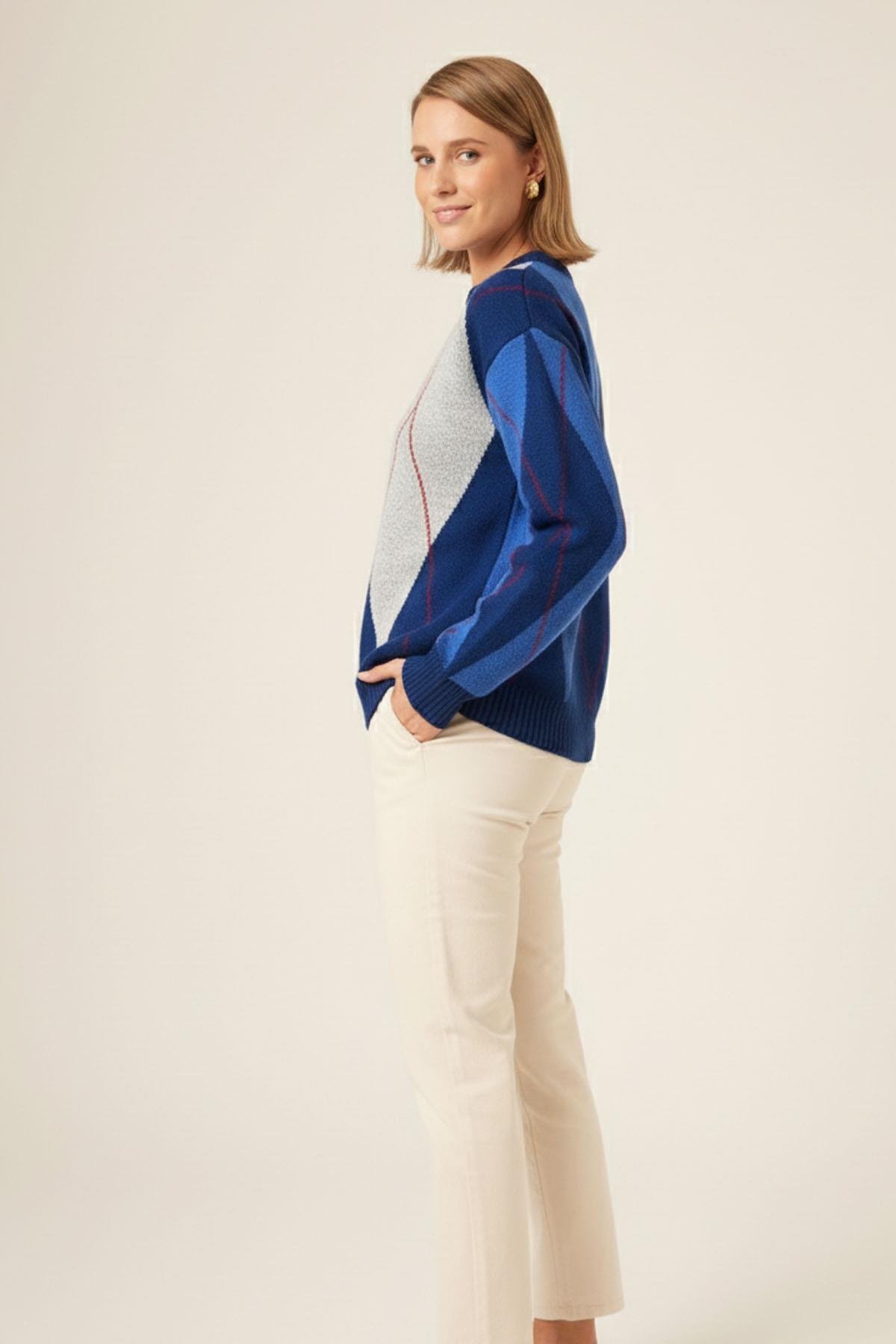 FTZ Women Kadın Baklava Desenli Kazak  Petrol Mavisi 25094