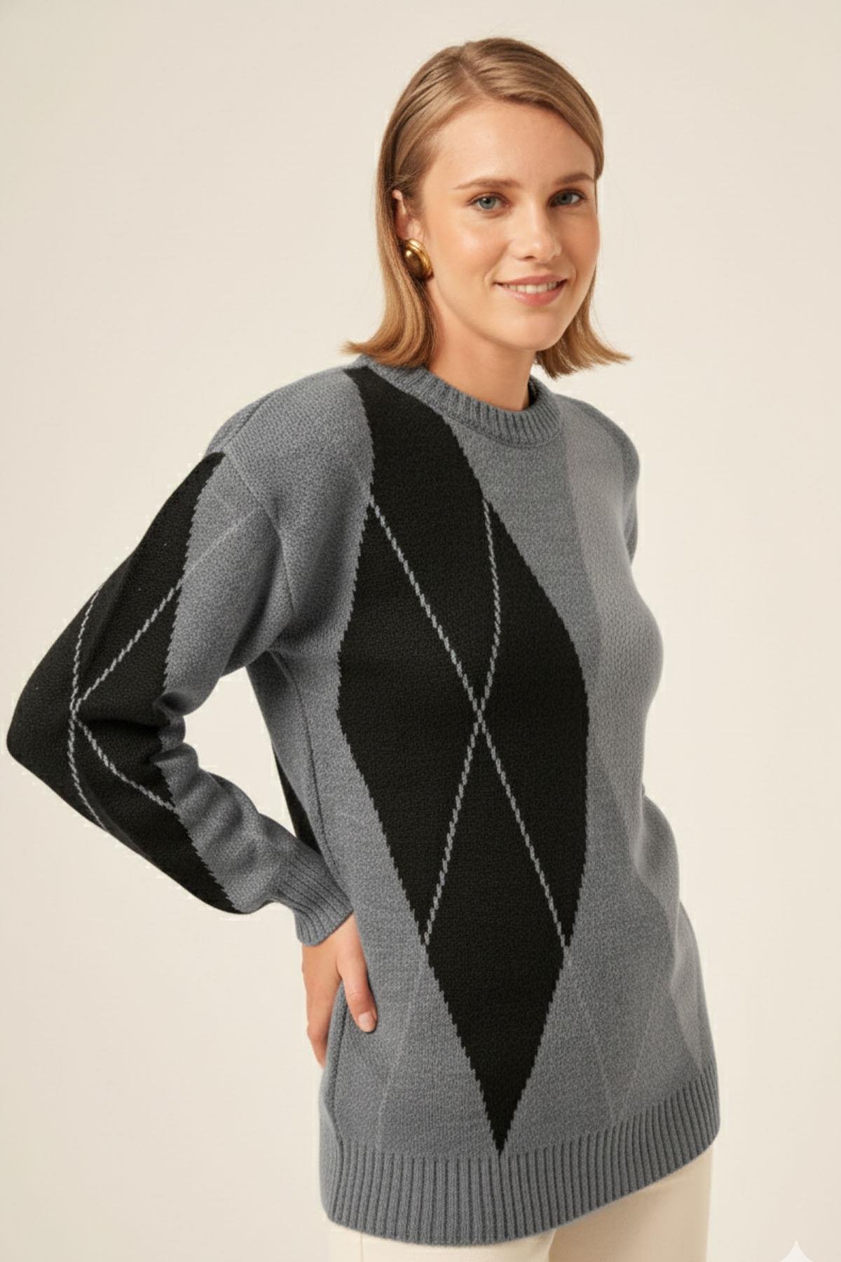 FTZ Women Kadın Baklava Desenli Kazak  Gri 25094