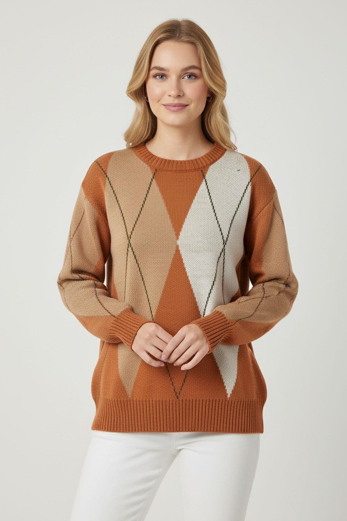 FTZ Women Kadın Baklava Desenli Kazak  Kiremit 25094