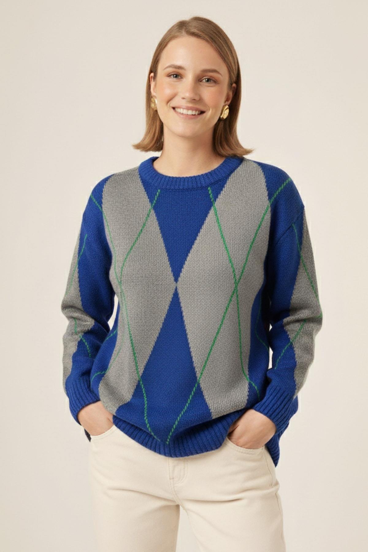 FTZ Women Kadın Baklava Desenli Kazak  Saks Mavi 25094