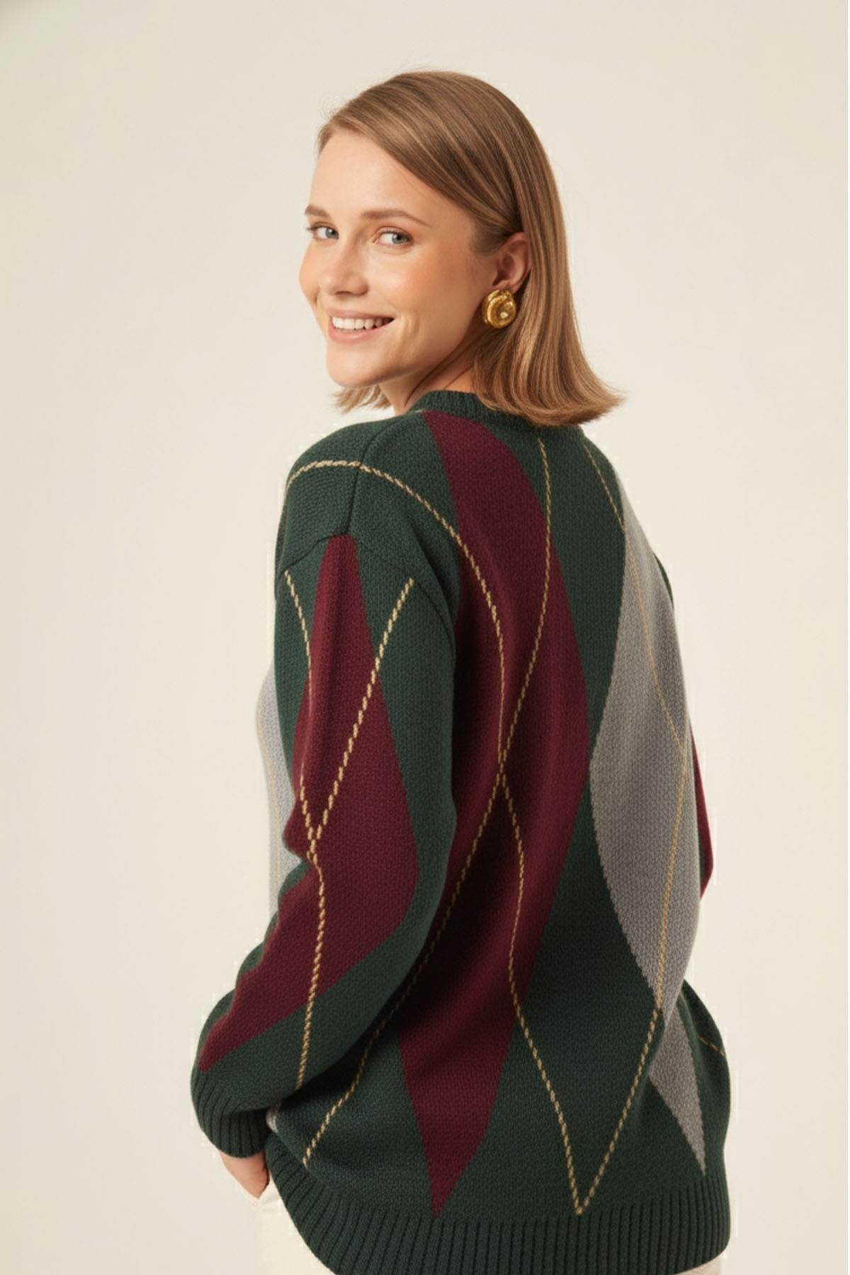 FTZ Women Kadın Baklava Desenli Kazak  Zümrüt 25094