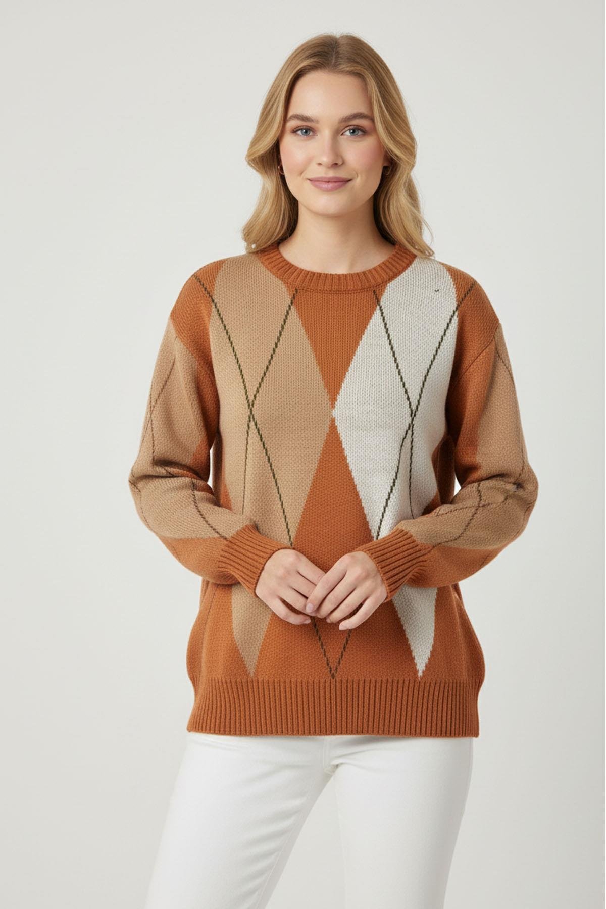 FTZ Women Kadın Baklava Desenli Kazak  Bakır 25094