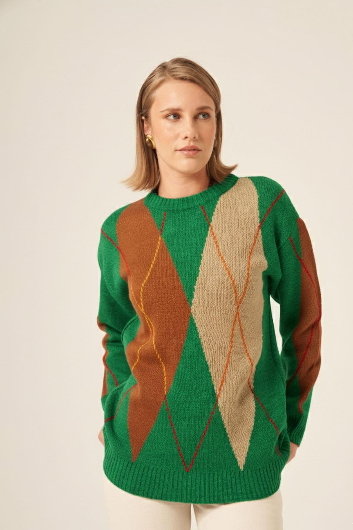 FTZ Women Kadın Baklava Desenli Kazak  Yeşil 25094