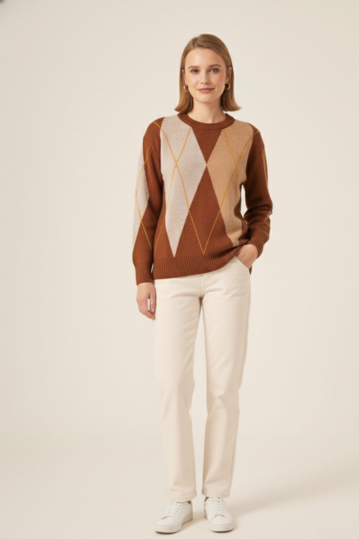 FTZ Women Kadın Baklava Desenli Kazak  Tarçın 25094