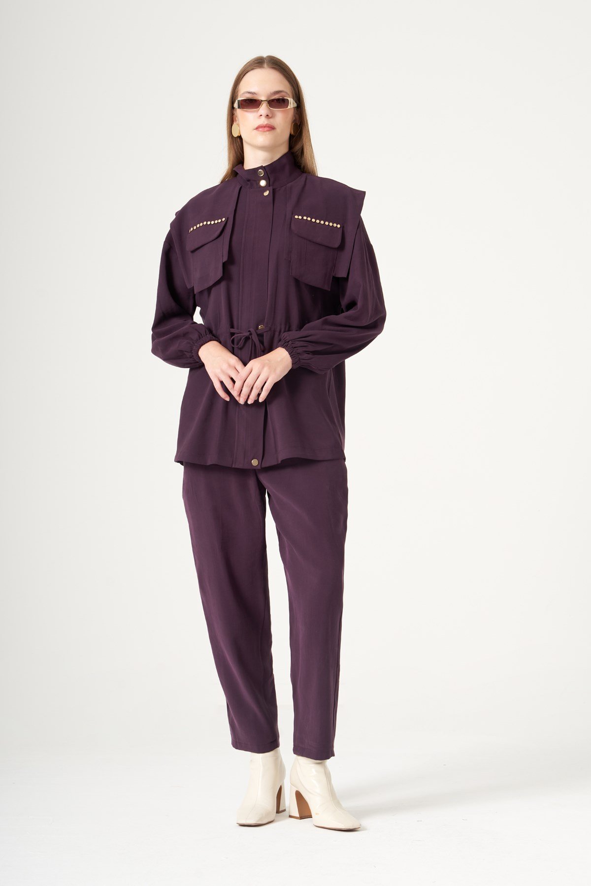 FTZ Women Kadın Cep Taşlı Pantolonlu Takım  Mürdüm 31557