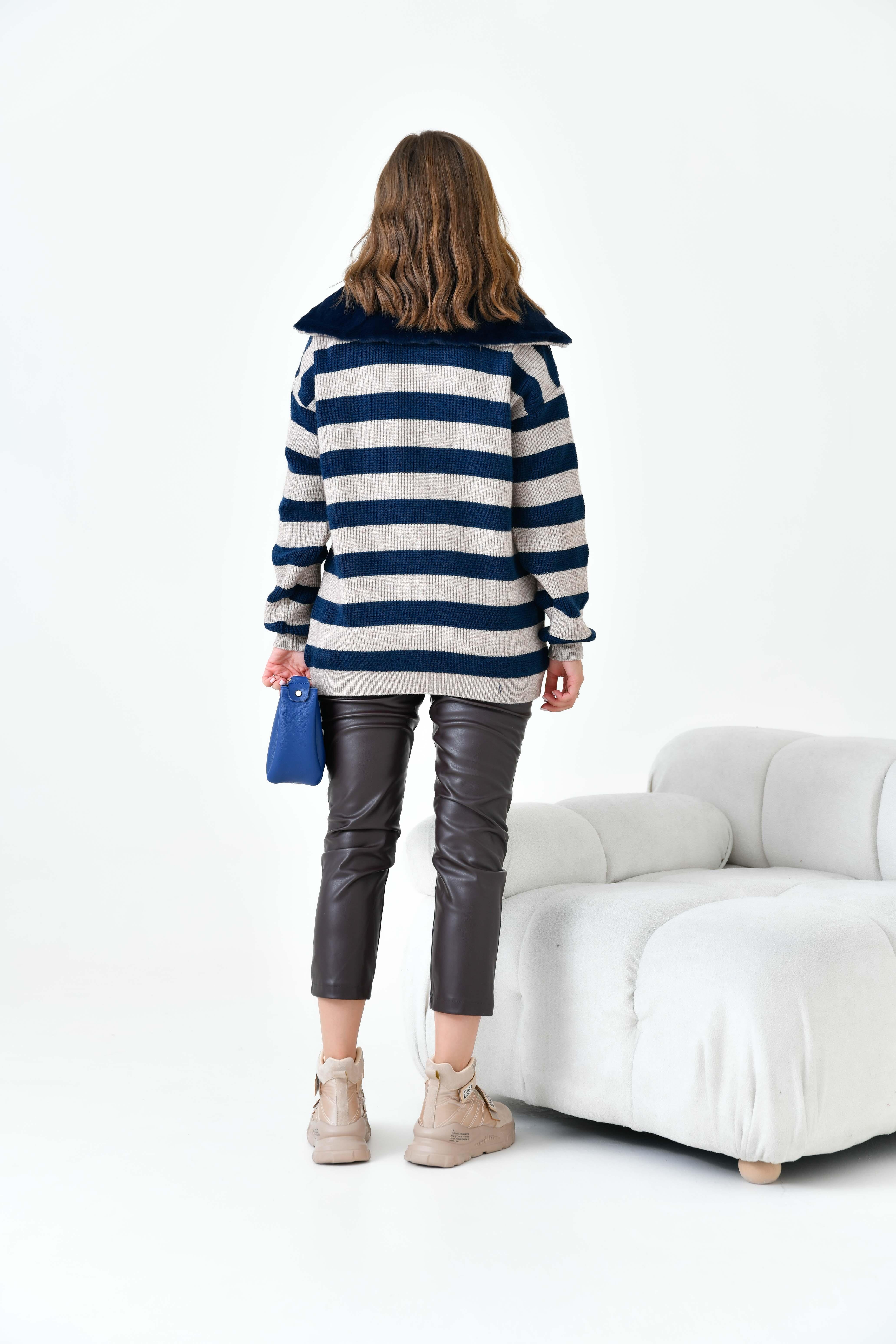 FTZ Women Kadın Çizgi Detaylı Kazak  Taş 20726