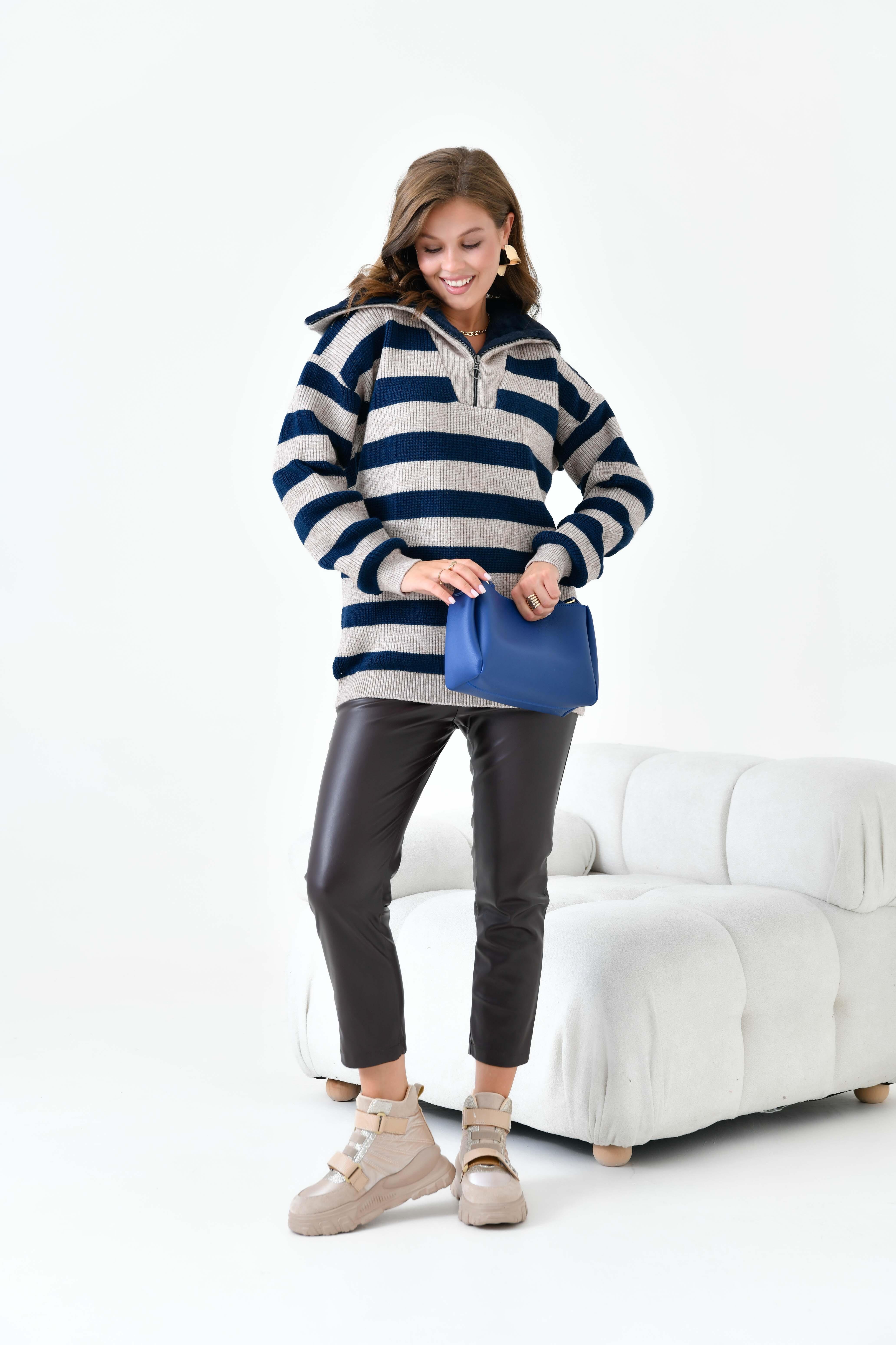 FTZ Women Kadın Çizgi Detaylı Kazak  Taş 20726