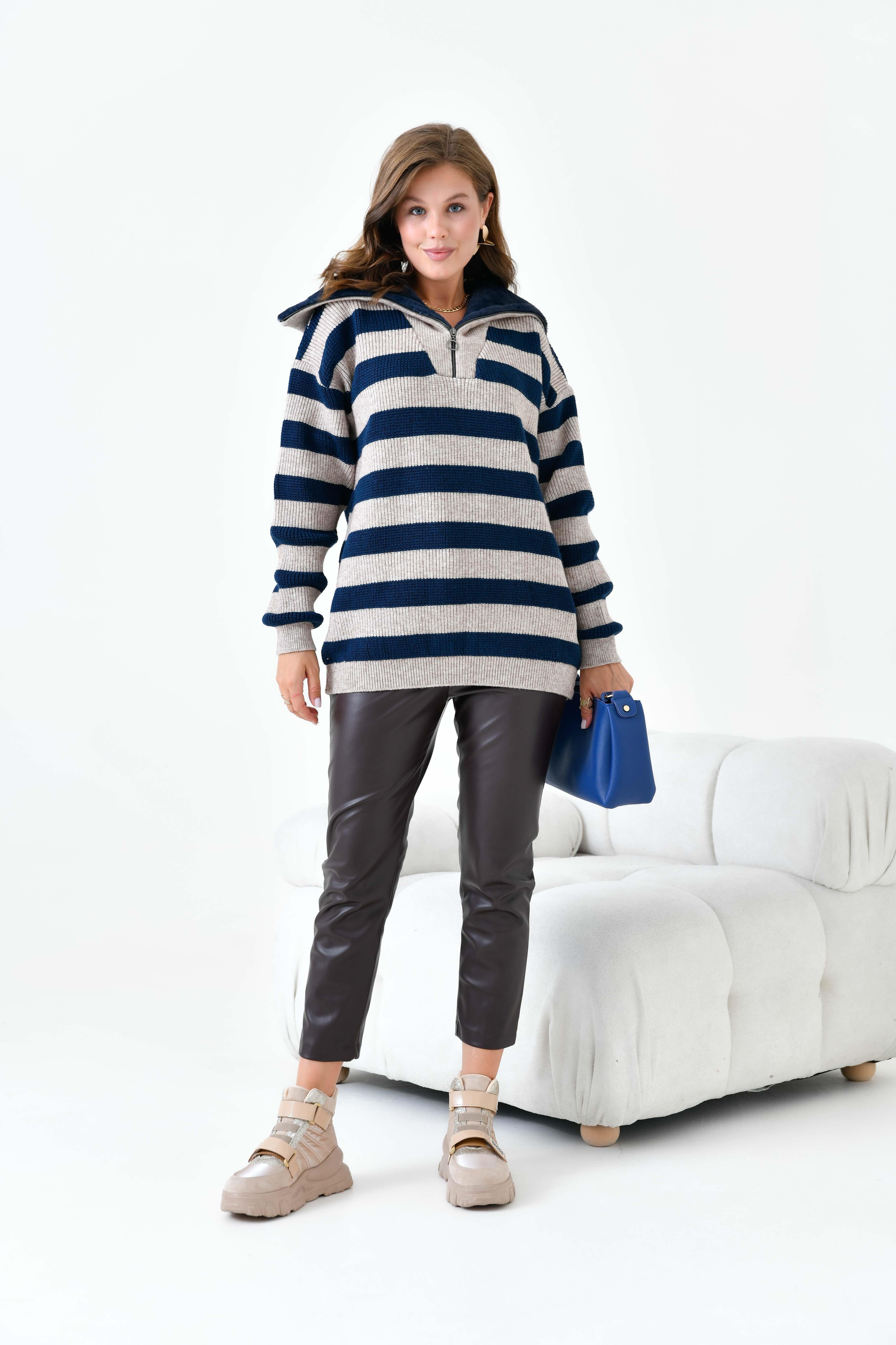 FTZ Women Kadın Çizgi Detaylı Kazak  Taş 20726