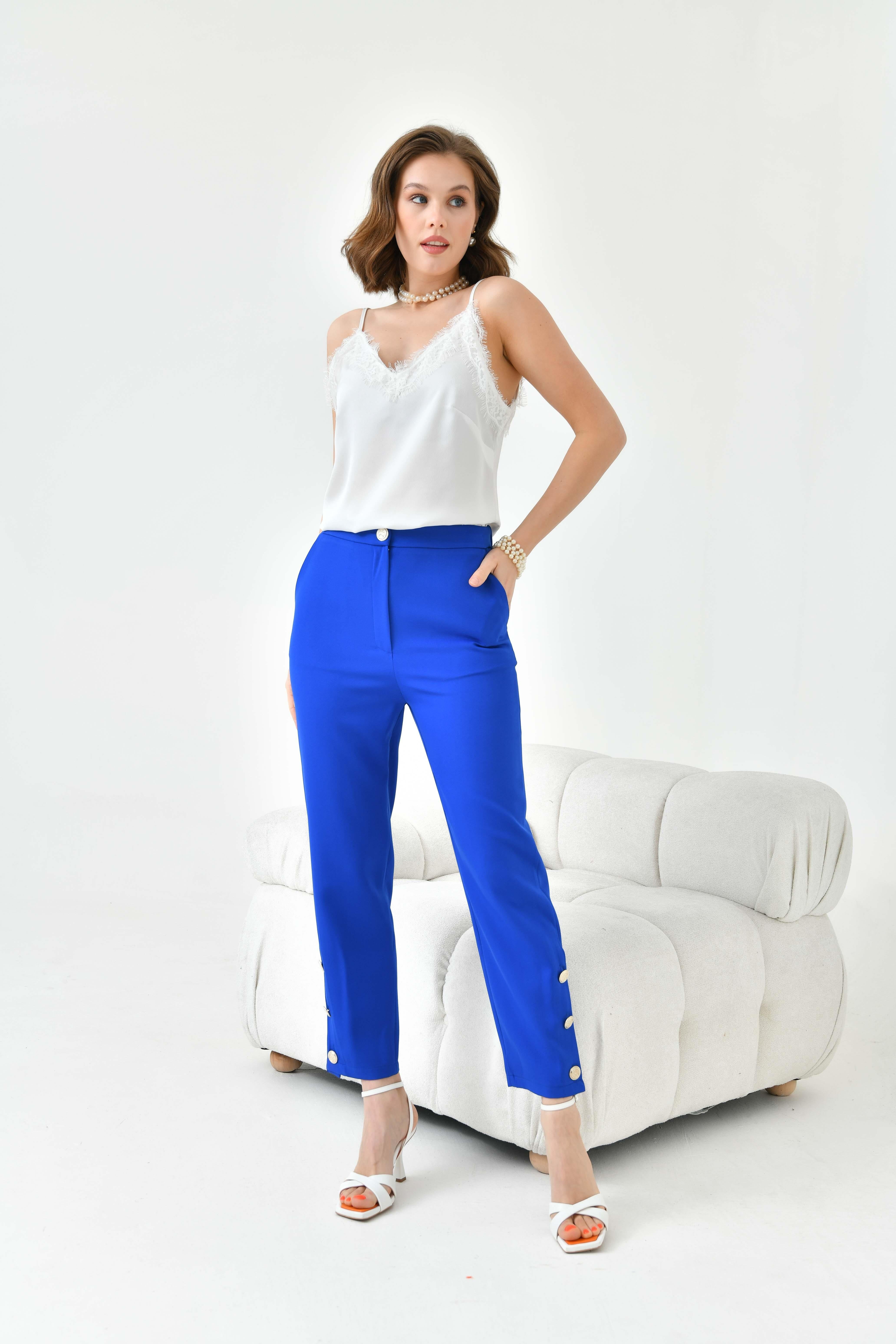 Ftz Women Kadın Dar Paça Düğmeli Pantolon Saks Mavi 30779