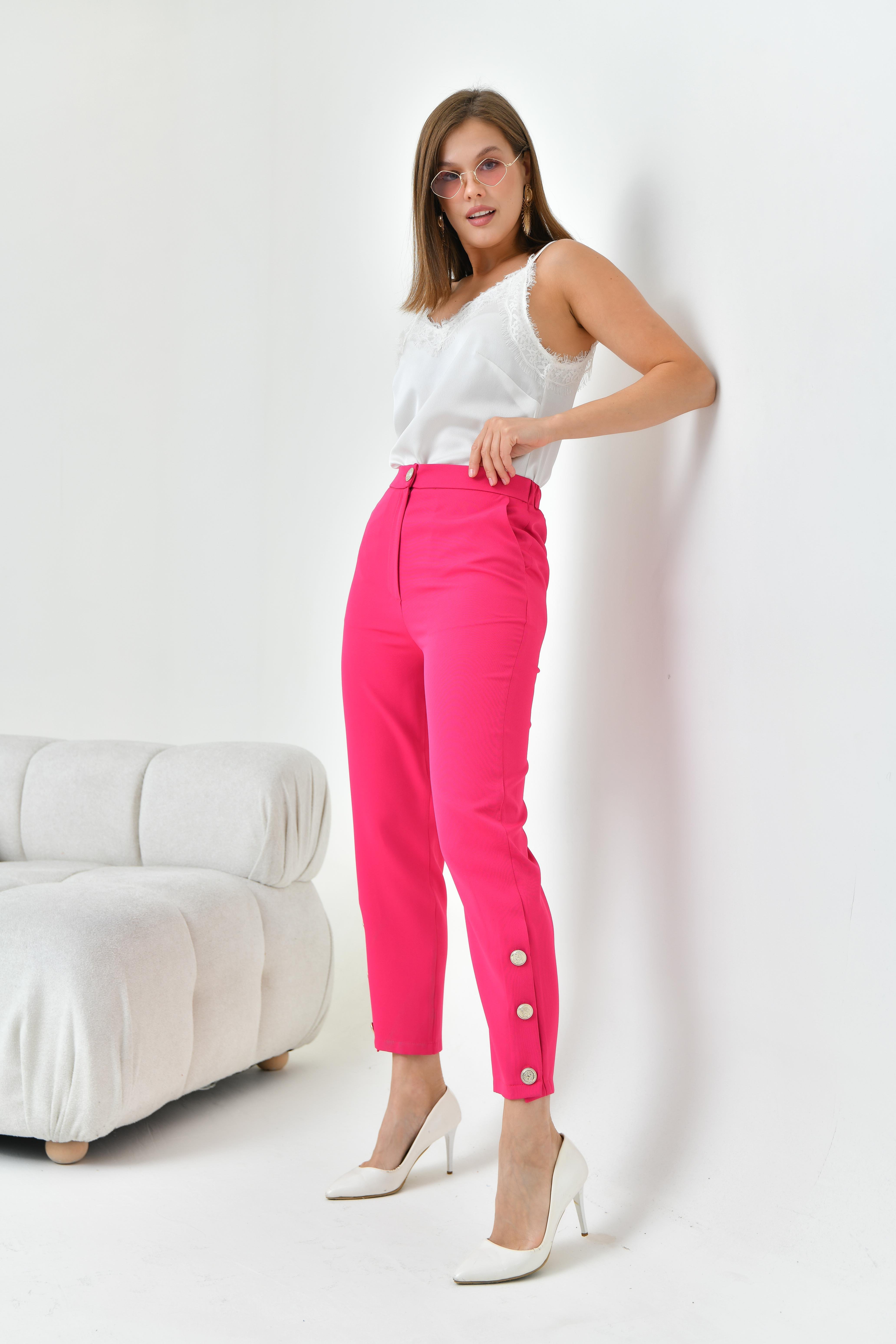 Ftz Women Kadın Dar Paça Düğmeli Pantolon Fuşya 30779