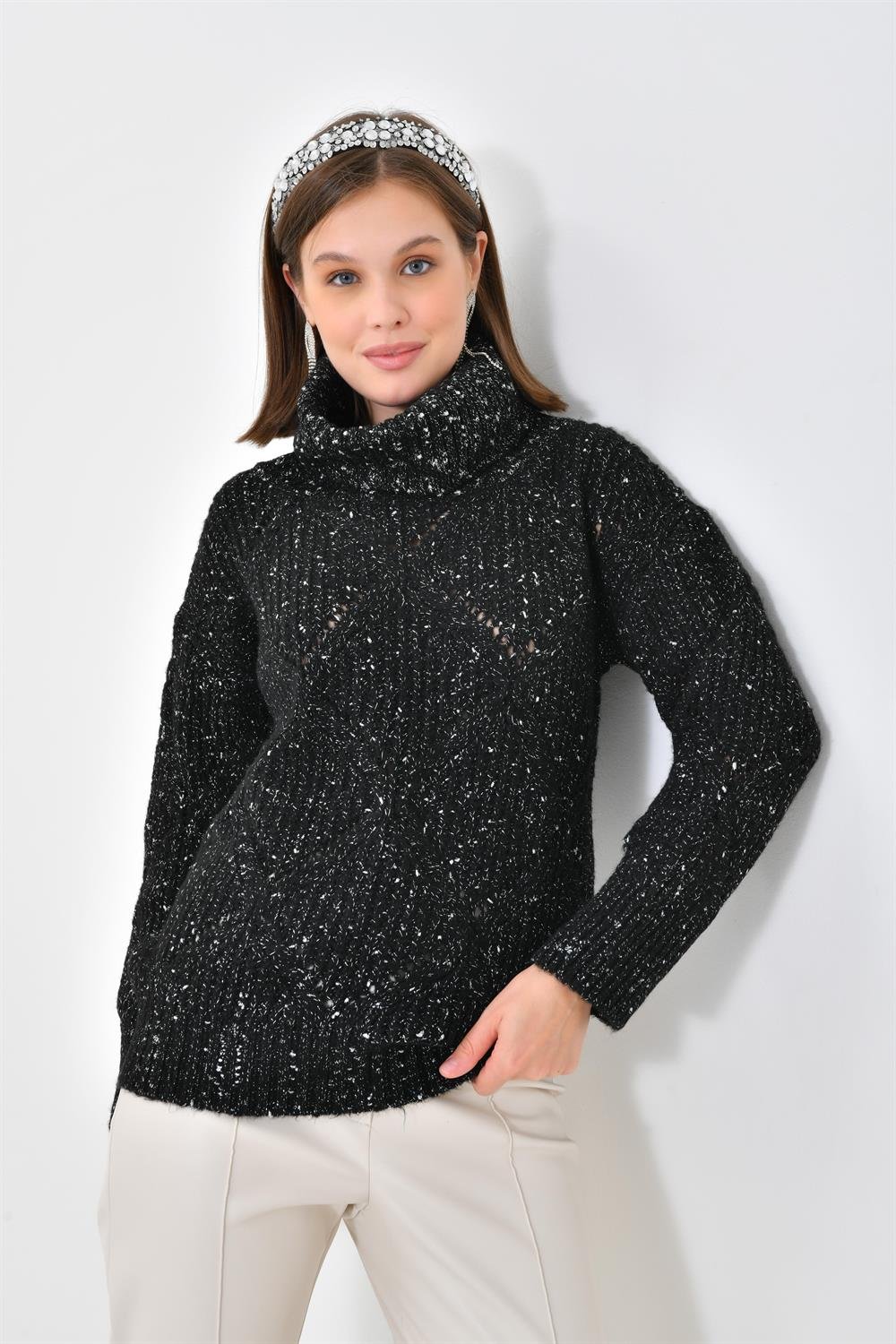 Ftz Women Kadın Degaje Yaka Detaylı Simli Kazak Siyah