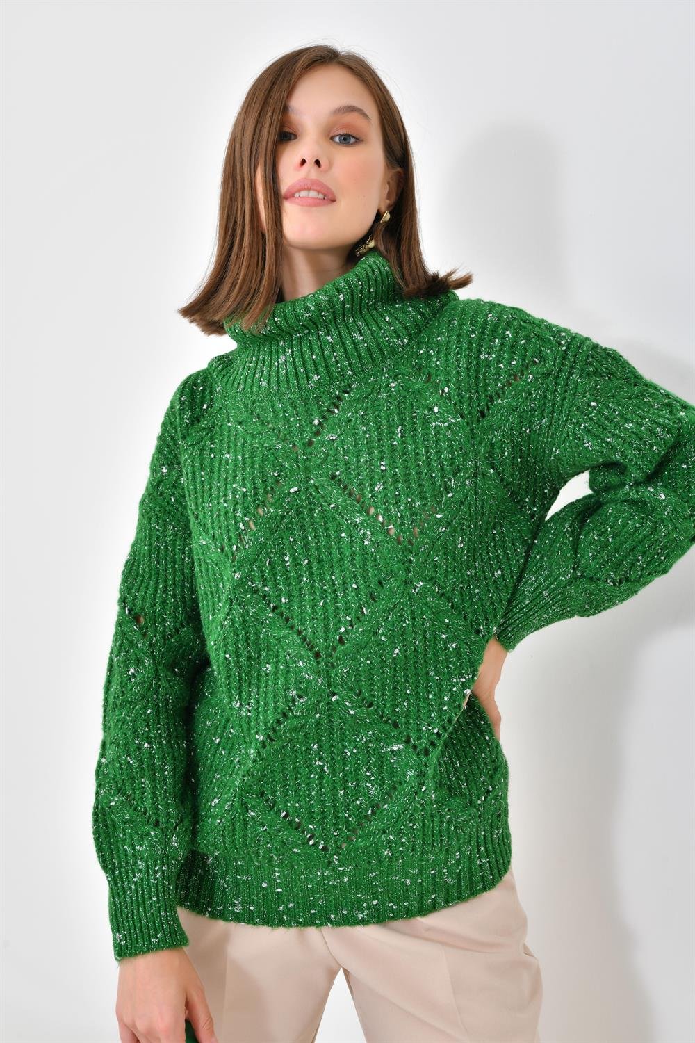 Ftz Women Kadın Degaje Yaka Detaylı Simli Kazak Benetton