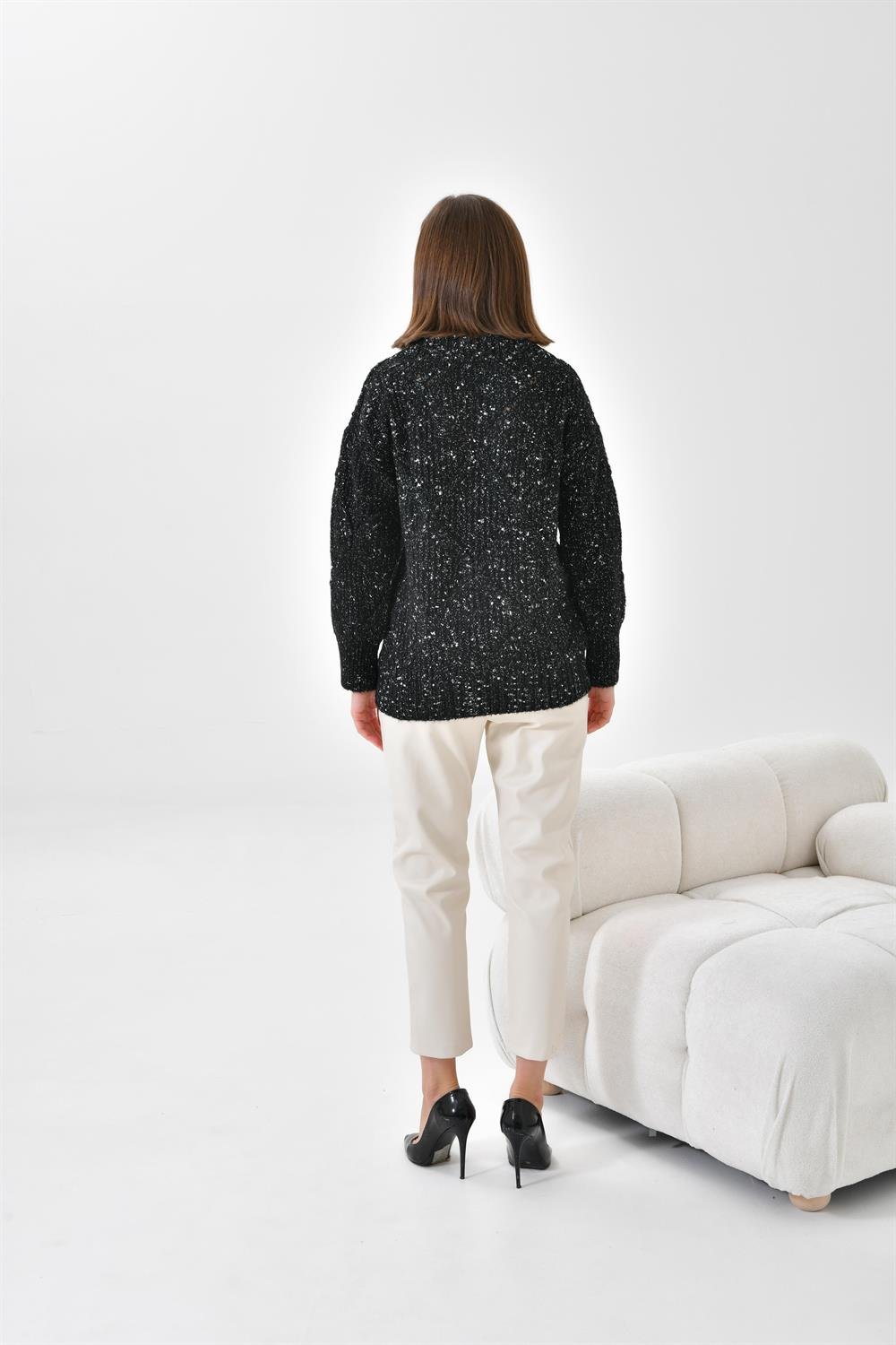 Ftz Women Kadın Degaje Yaka Detaylı Simli Kazak Siyah