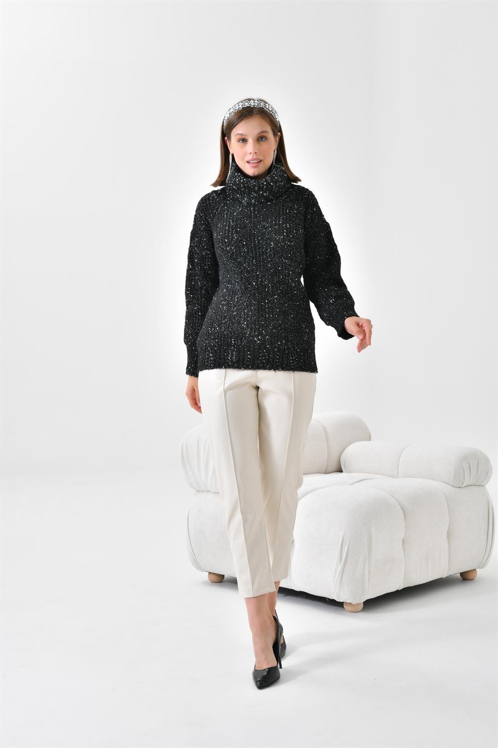 Ftz Women Kadın Degaje Yaka Detaylı Simli Kazak Siyah
