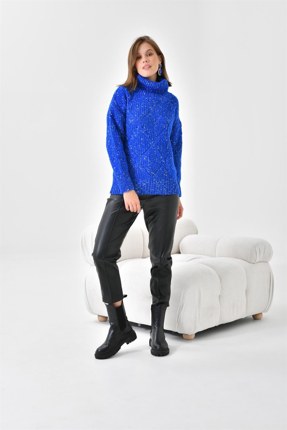 Ftz Women Kadın Degaje Yaka Detaylı Simli Kazak Saks Mavi